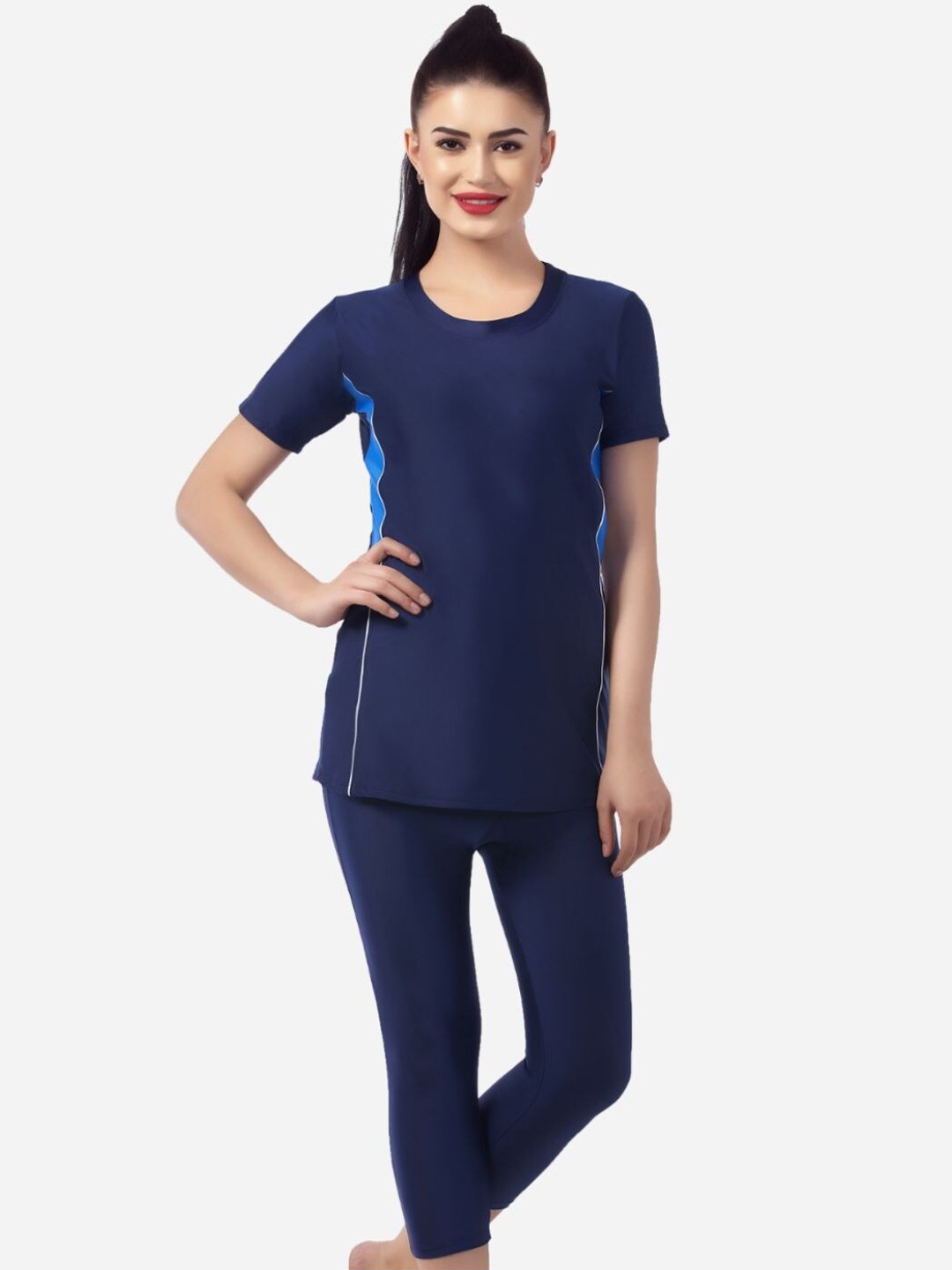 

VELOZ Women Anti Chafing Swimming Top With Tights Swim Set, Navy blue