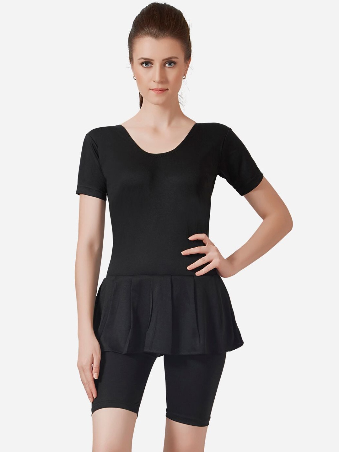 

VELOZ Women Anti Chafing Swimming Dress With Attached Shorts, Black