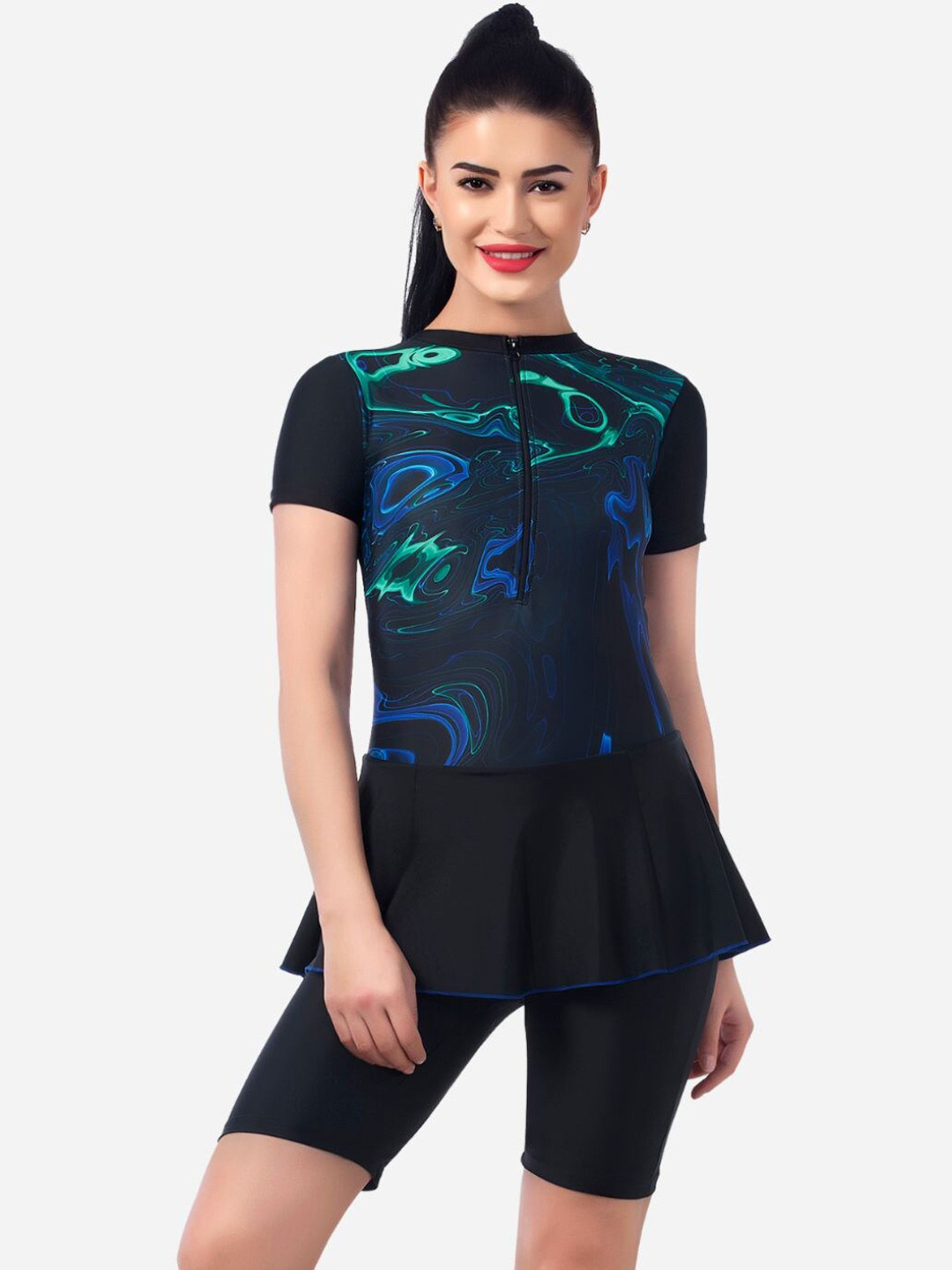 

VELOZ Printed Anti Chafing Swimming Dress With Attached Shorts, Black