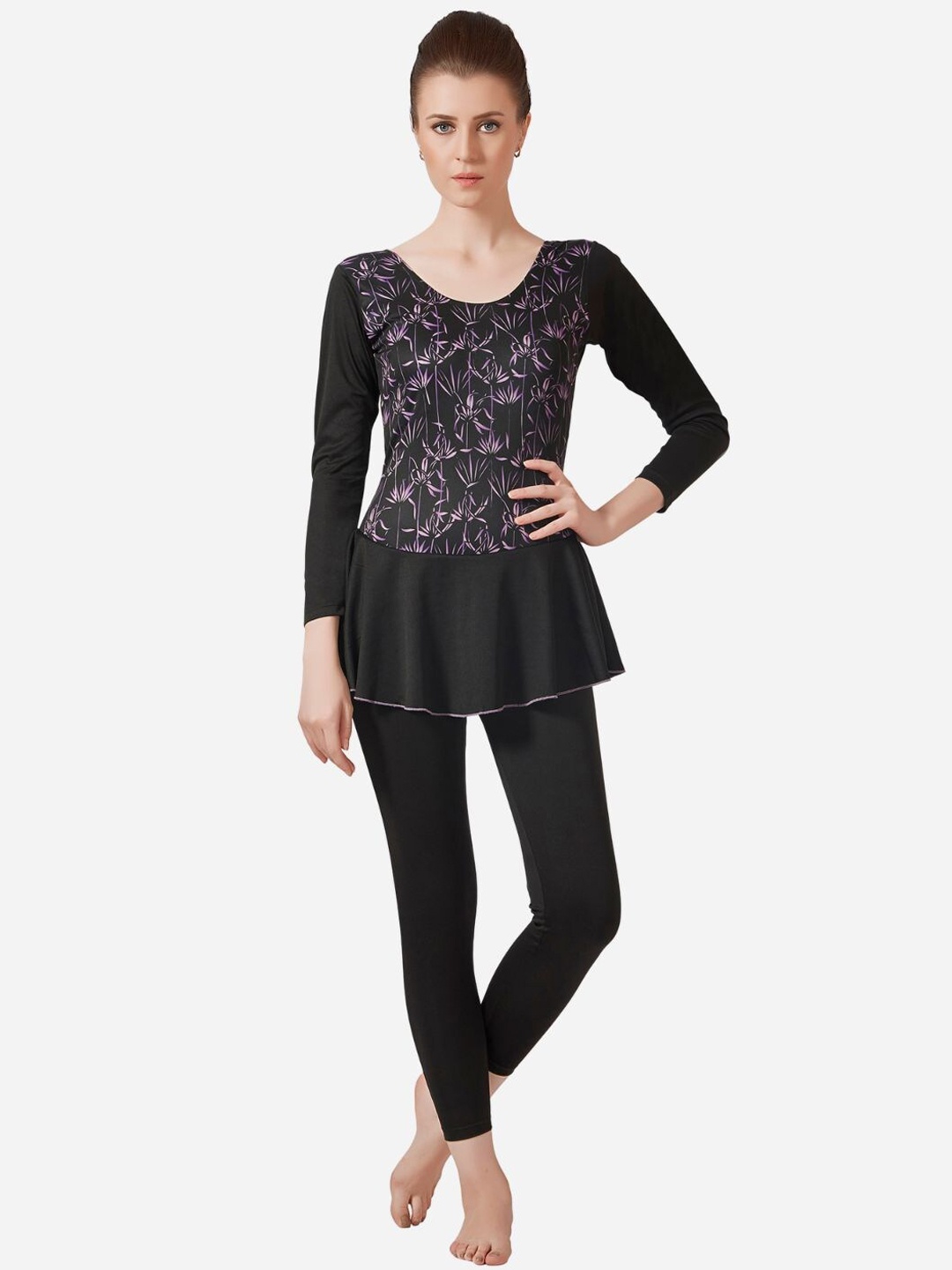 

VELOZ Printed Anti Chafing Swimming Dress With Attached Tights, Black