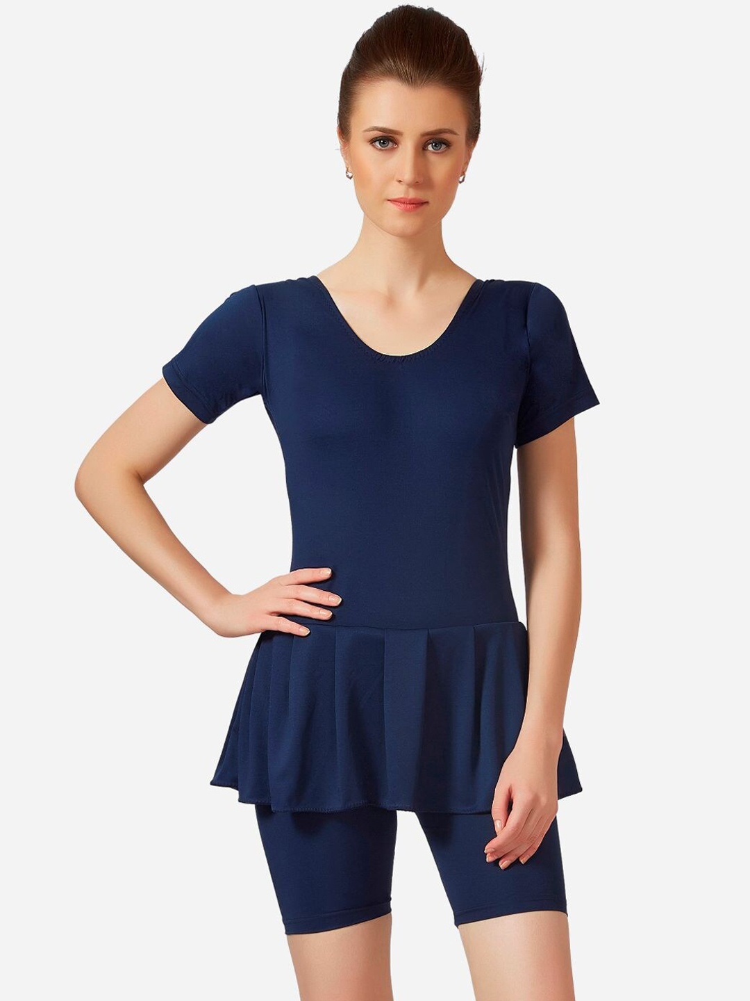 

VELOZ Women Heavy Padded Frilled Swimming Dress, Navy blue