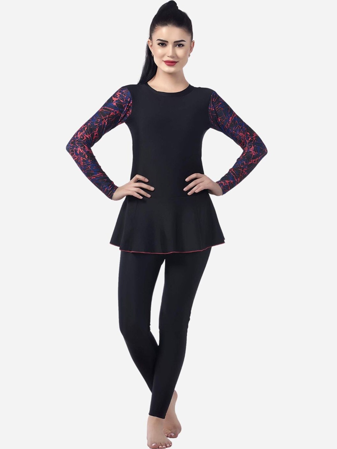 

VELOZ Printed Anti Chafing Swimming Dress With Attached Tights, Black