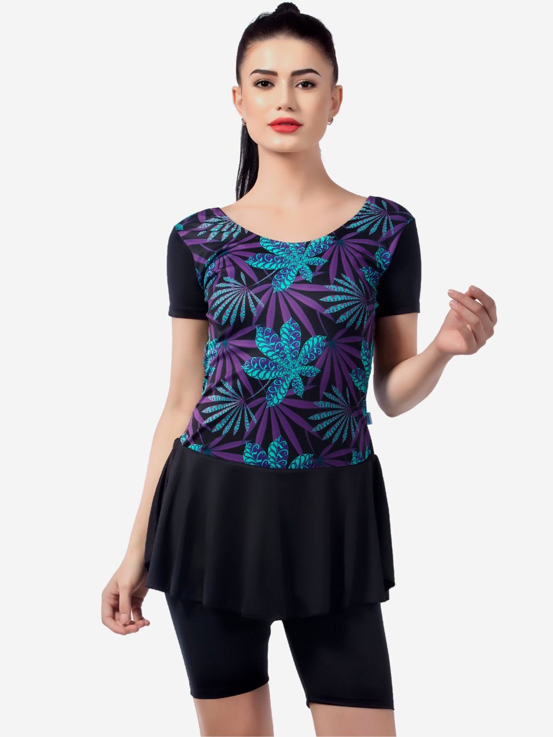 

VELOZ Women Printed Anti Chafing Heavy Padded Frilled Legsuit, Black