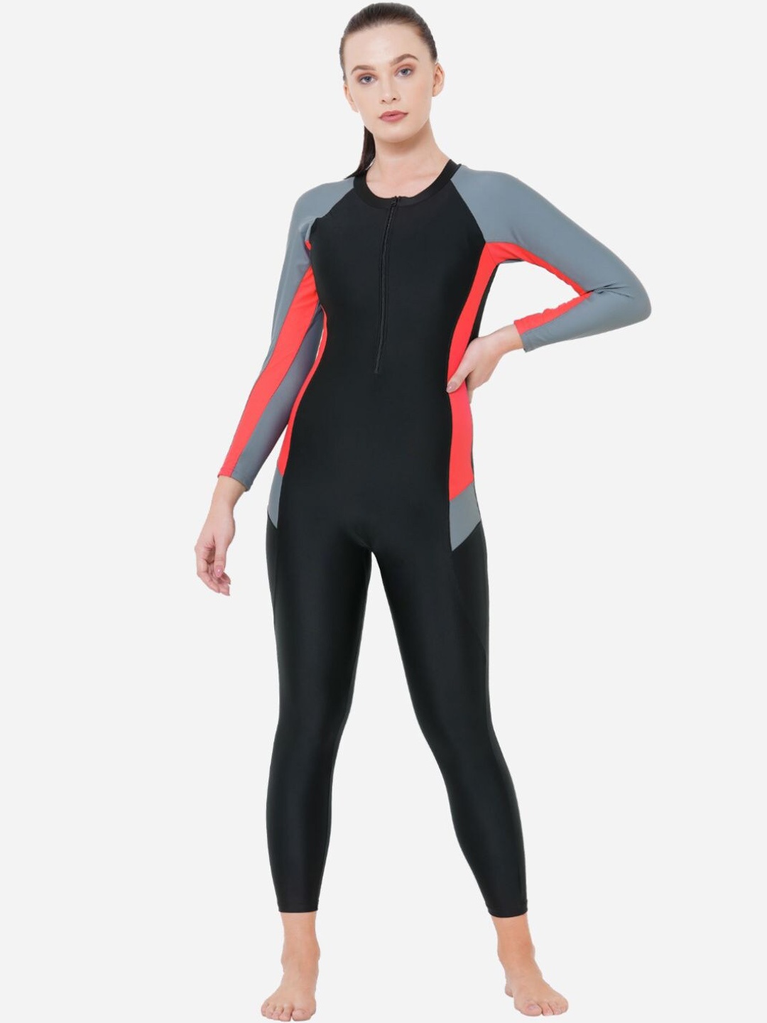 

VELOZ Colour-Blocked Anti-Chafing Padded Legsuit Swimwear, Black