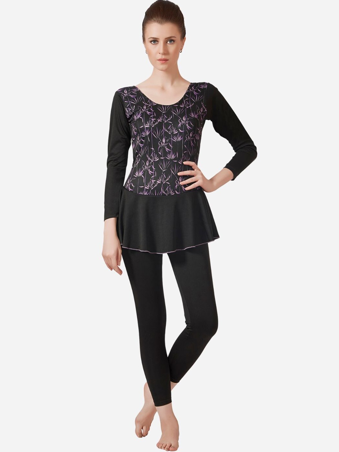 

VELOZ Anti Chafing Printed Swimming Dress With Attached Tights, Black