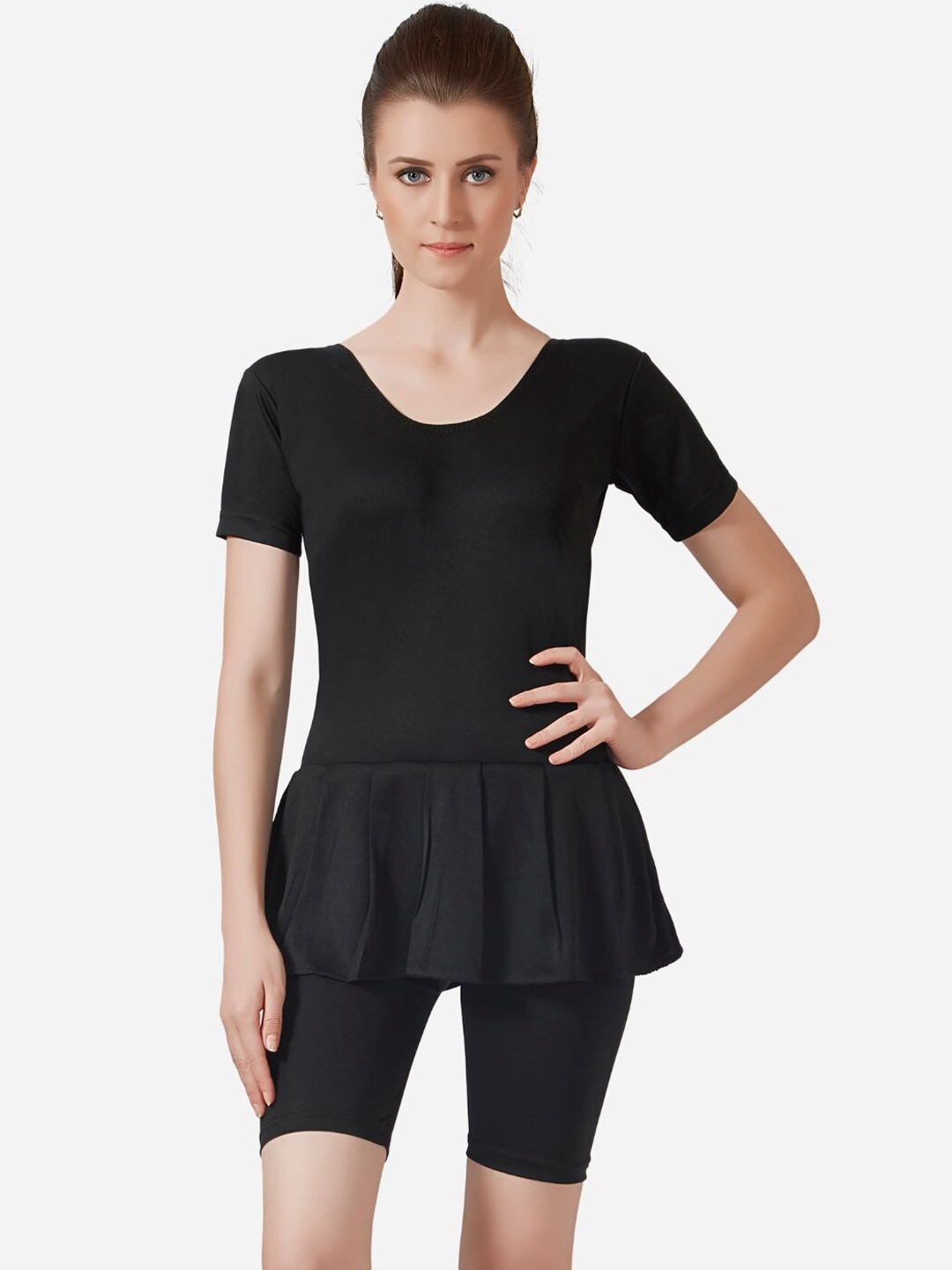 

VELOZ Women Anti Chafing Swimming Dress With Attached Shorts, Black