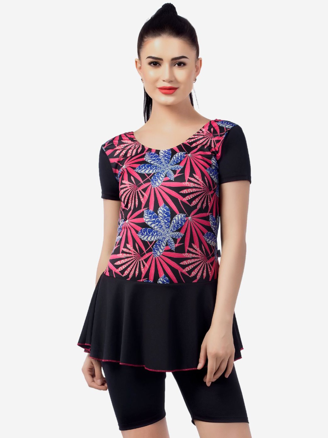 

VELOZ Tropical Printed Anti Chafing Legsuit Swimwear, Black