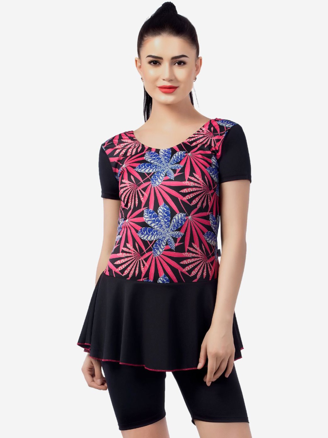 

VELOZ Printed Anti Chafing Swimming Dress, Black