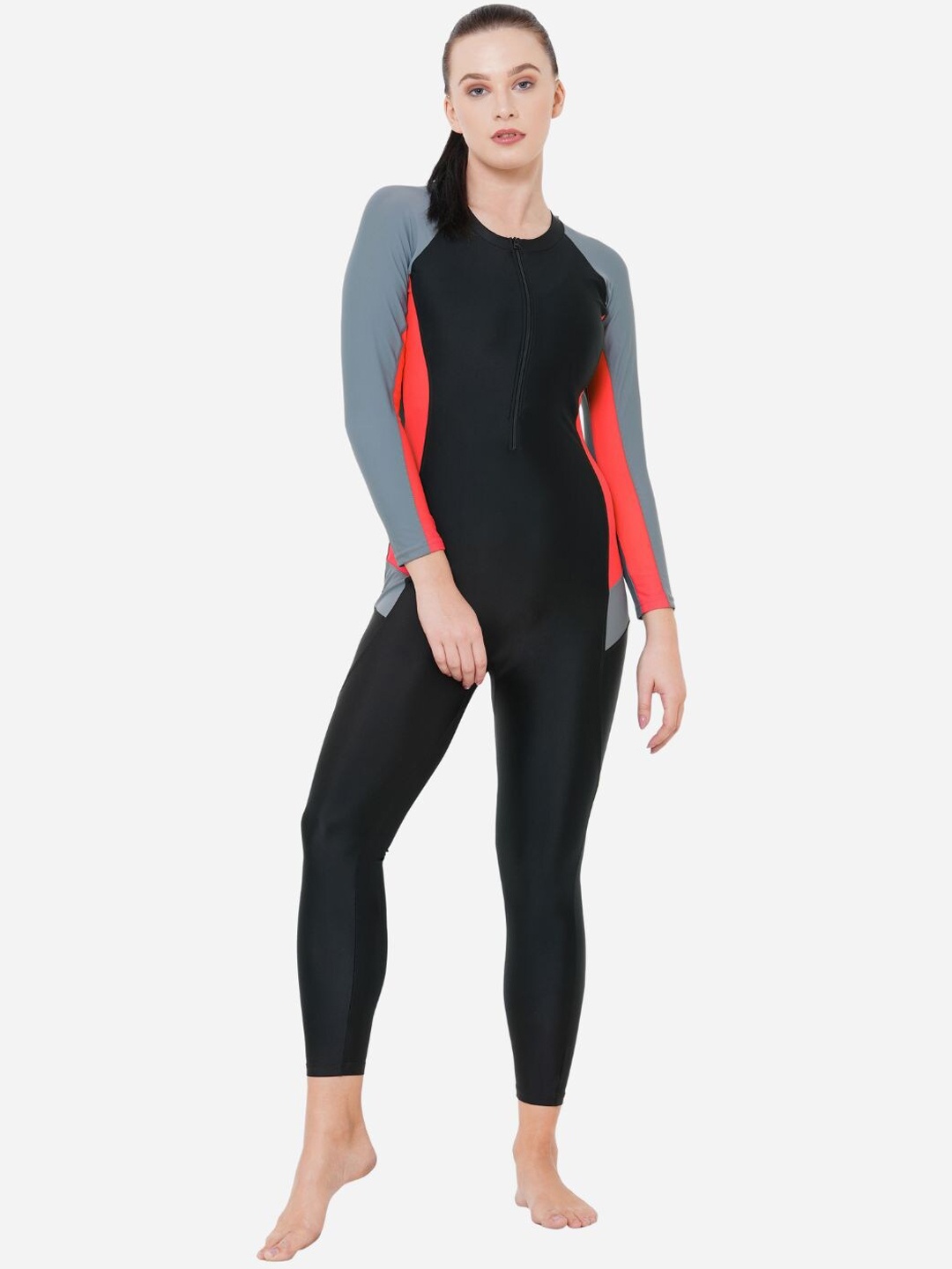 

VELOZ Colourblocked Padded Anti Chafing Full Length Legsuit, Black