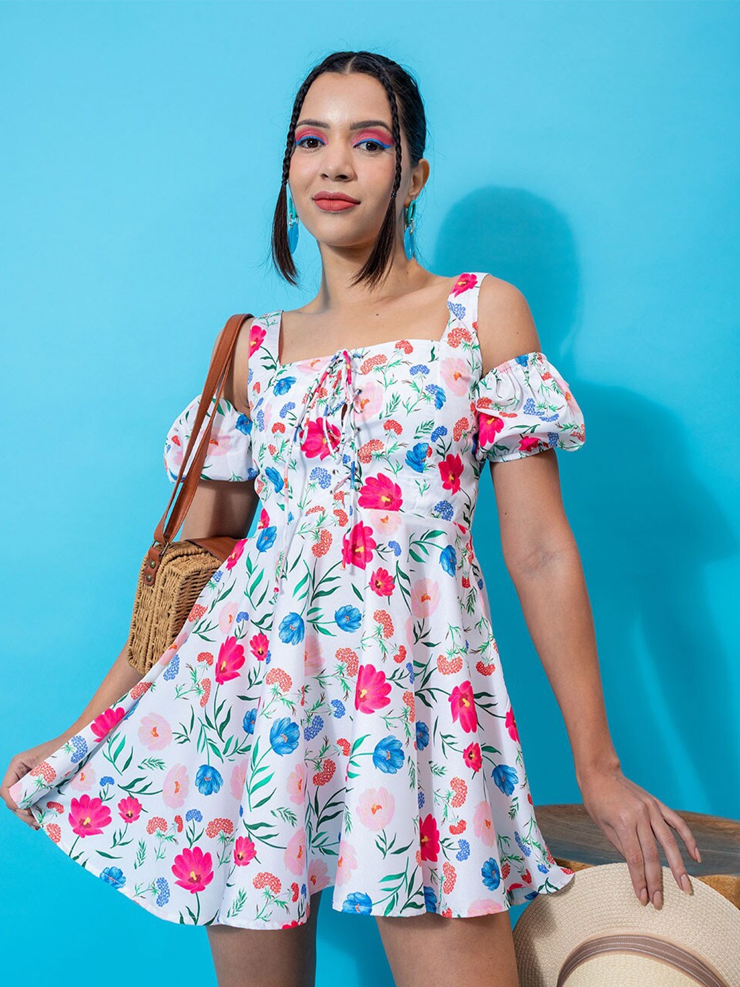 

Stylecast X Hersheinbox White & Pink Floral Printed Fit & Flare Mini Dress