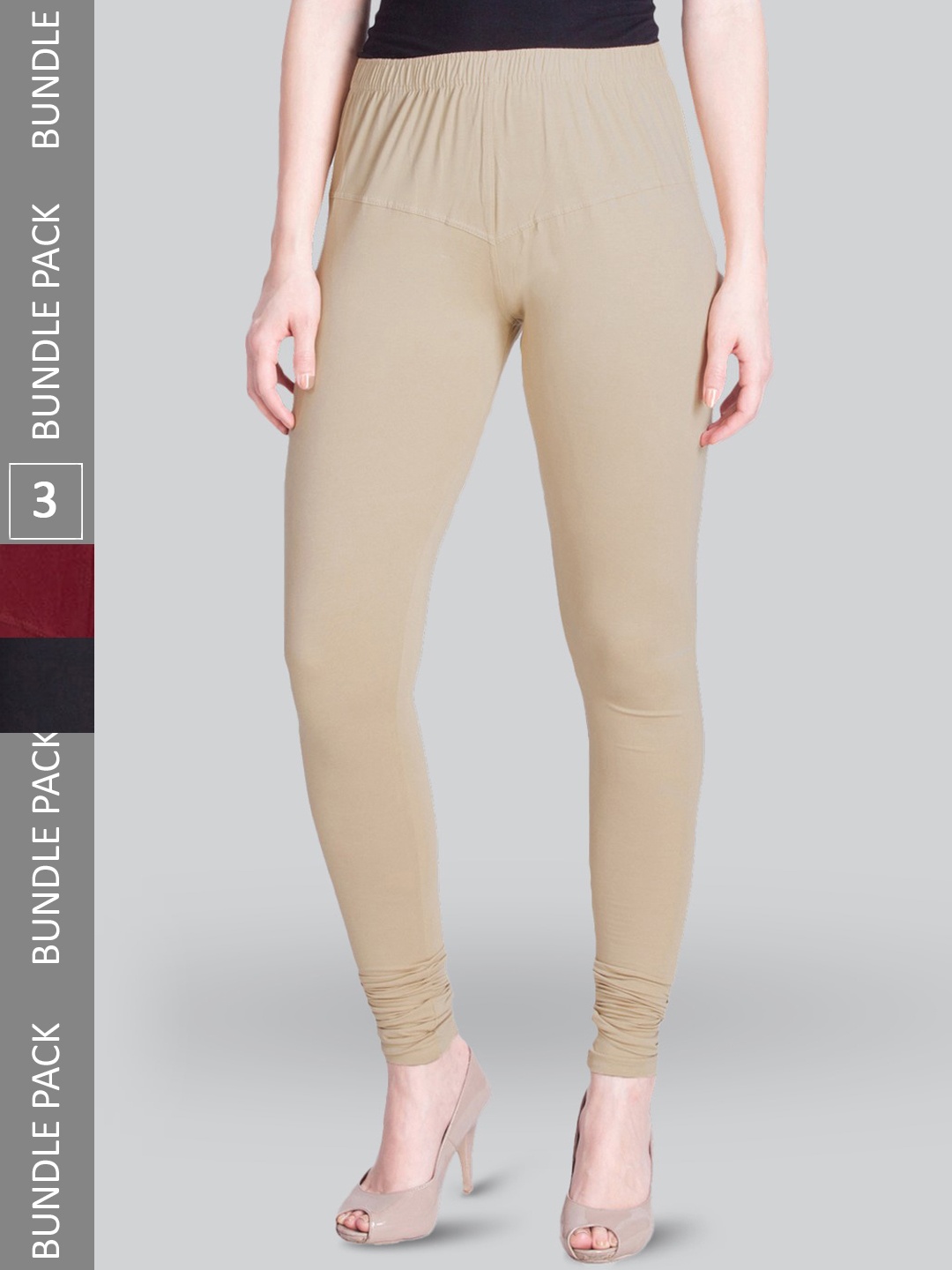 

LYRA Pack Of 3 Churidar Length Cotton Lycra Leggings, Beige