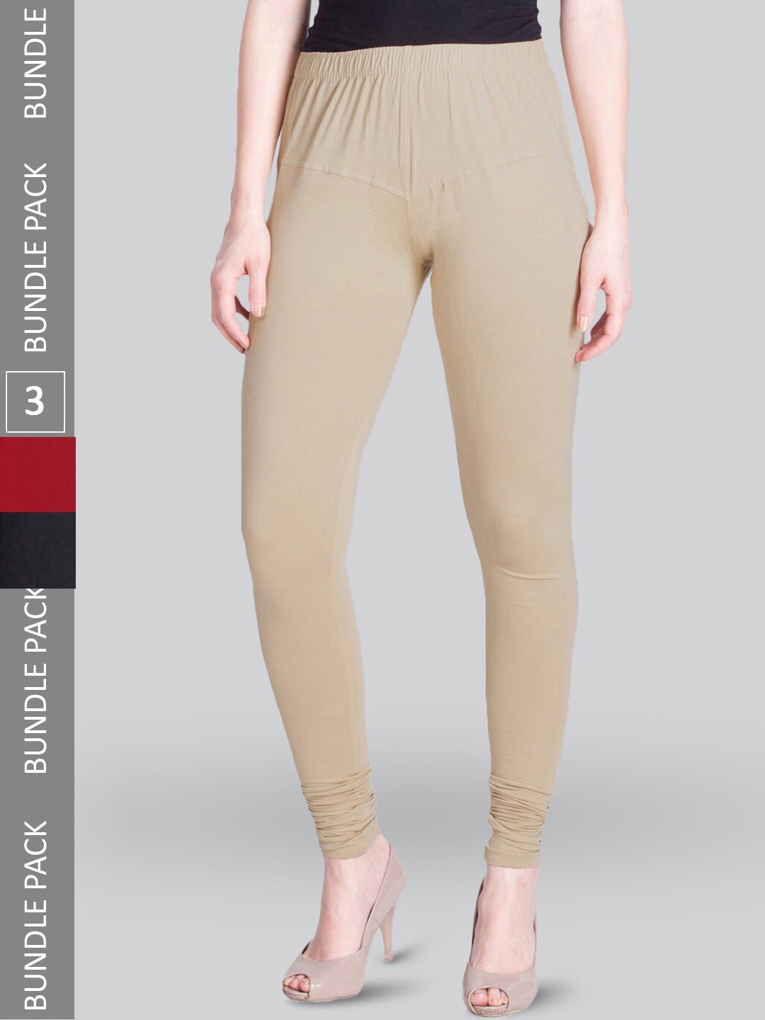 

LYRA Pack Of 3 Churidar Length Cotton Lycra Leggings, Beige