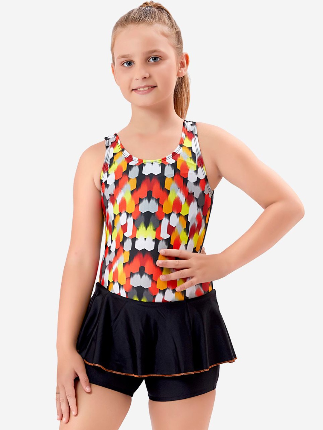 

VELOZ Girls Printed Swimming Dress With Attached Shorts, Black