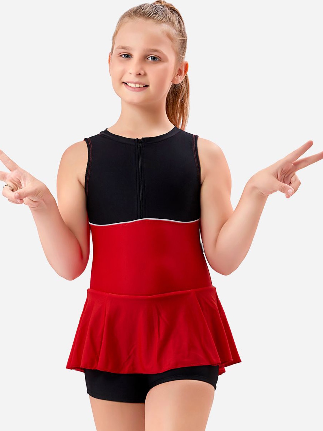 

VELOZ Girls Quick Drying Colorblocked Frilled Legsuit, Red