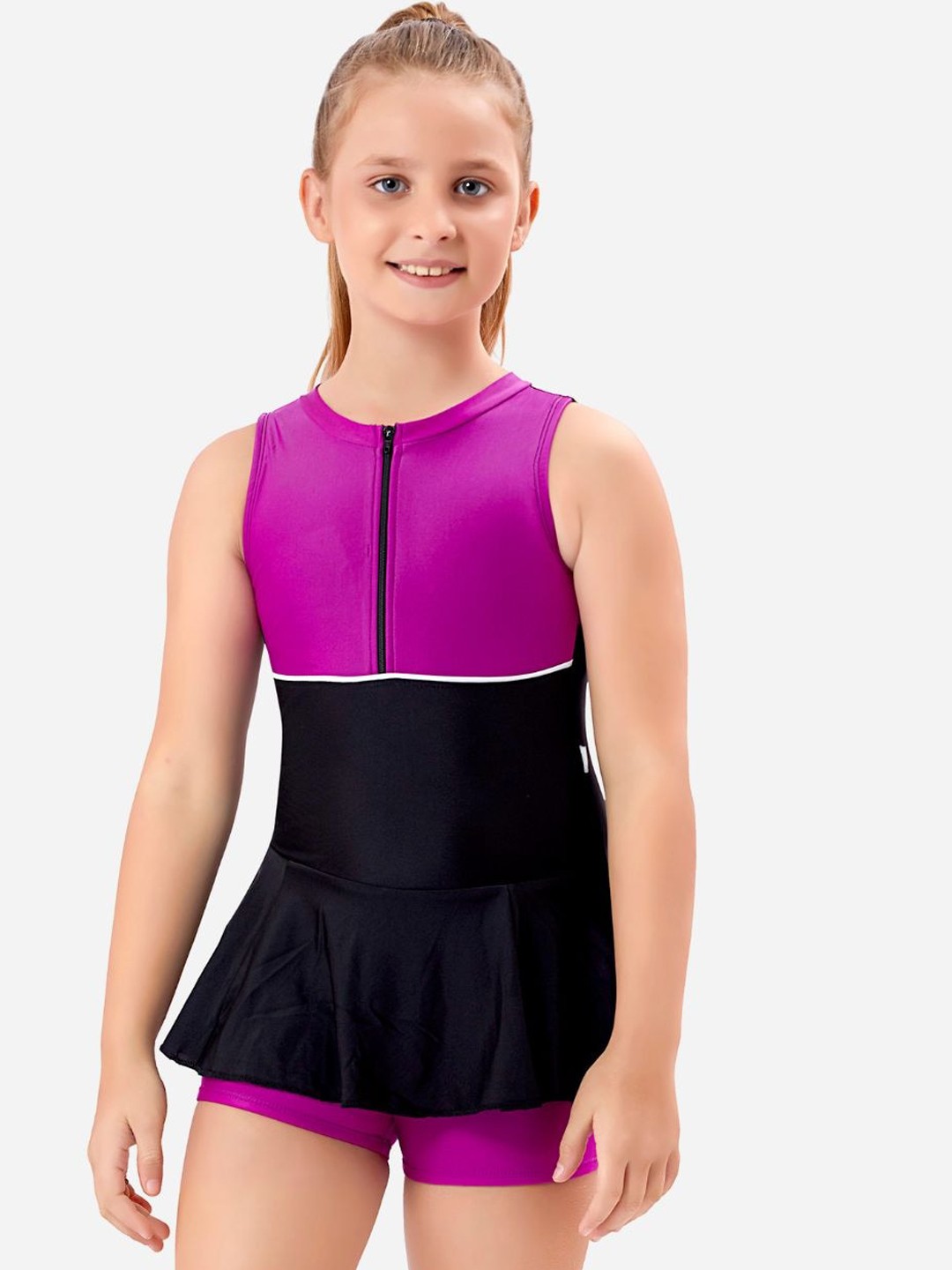 

VELOZ Girls Colourblocked Quick Drying Heavy Padded Frilled Legsuit, Black