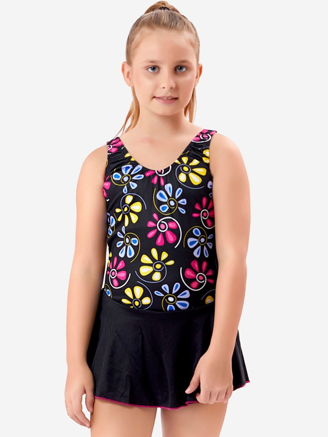 

VELOZ Girls Quick Drying Floral Printed Swimsuit, Black