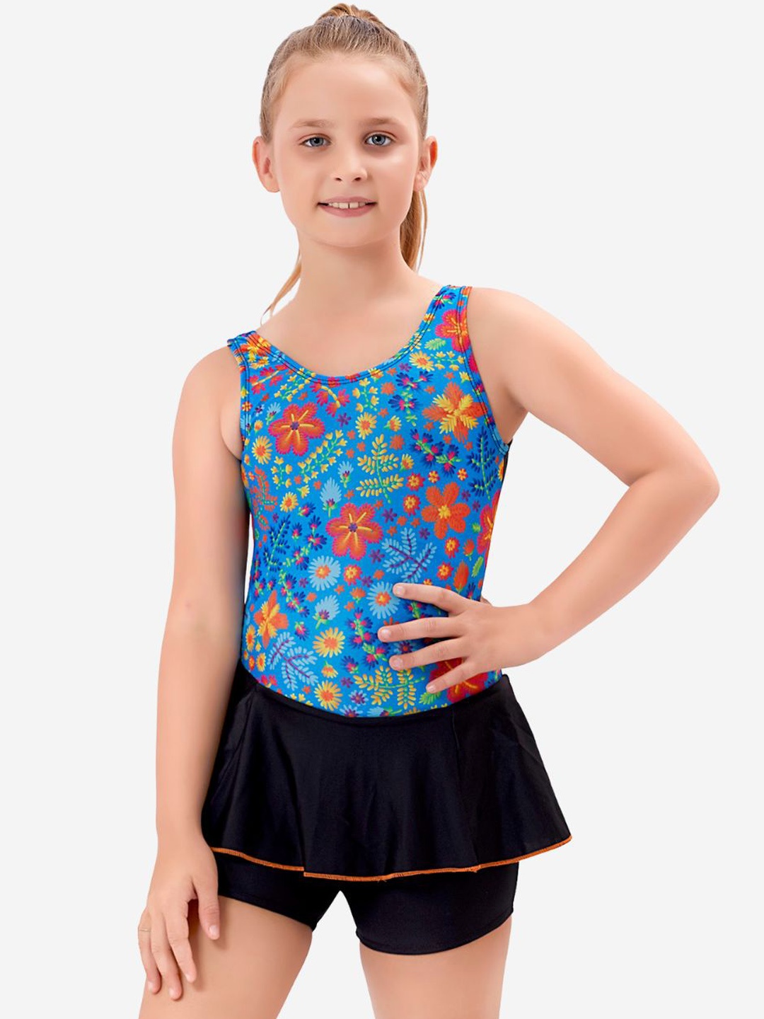 

VELOZ Girls Floral Printed Quick Drying Legsuit, Blue