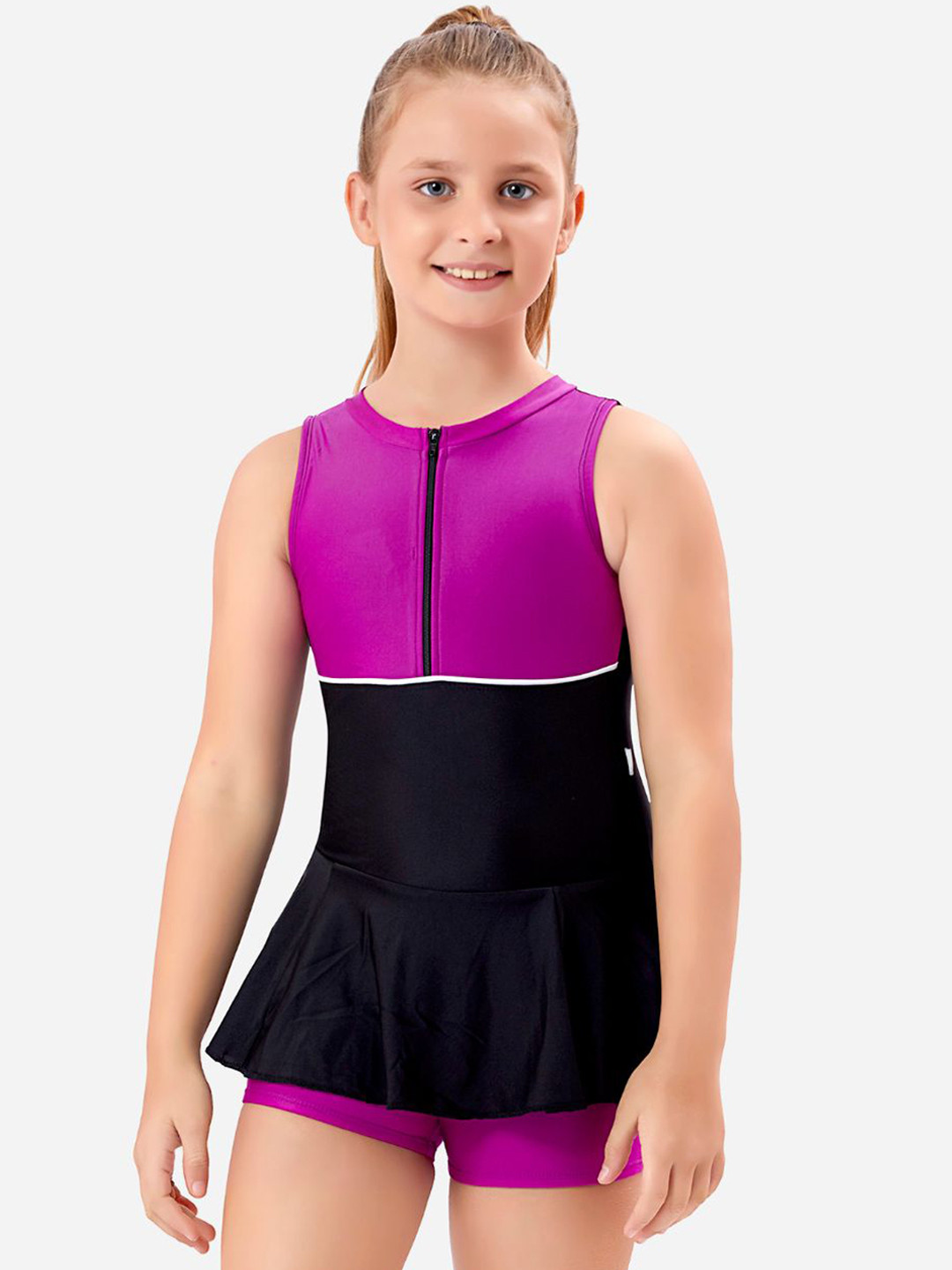 

VELOZ Girls Quick Drying Colorblocked Frilled Legsuit, Black