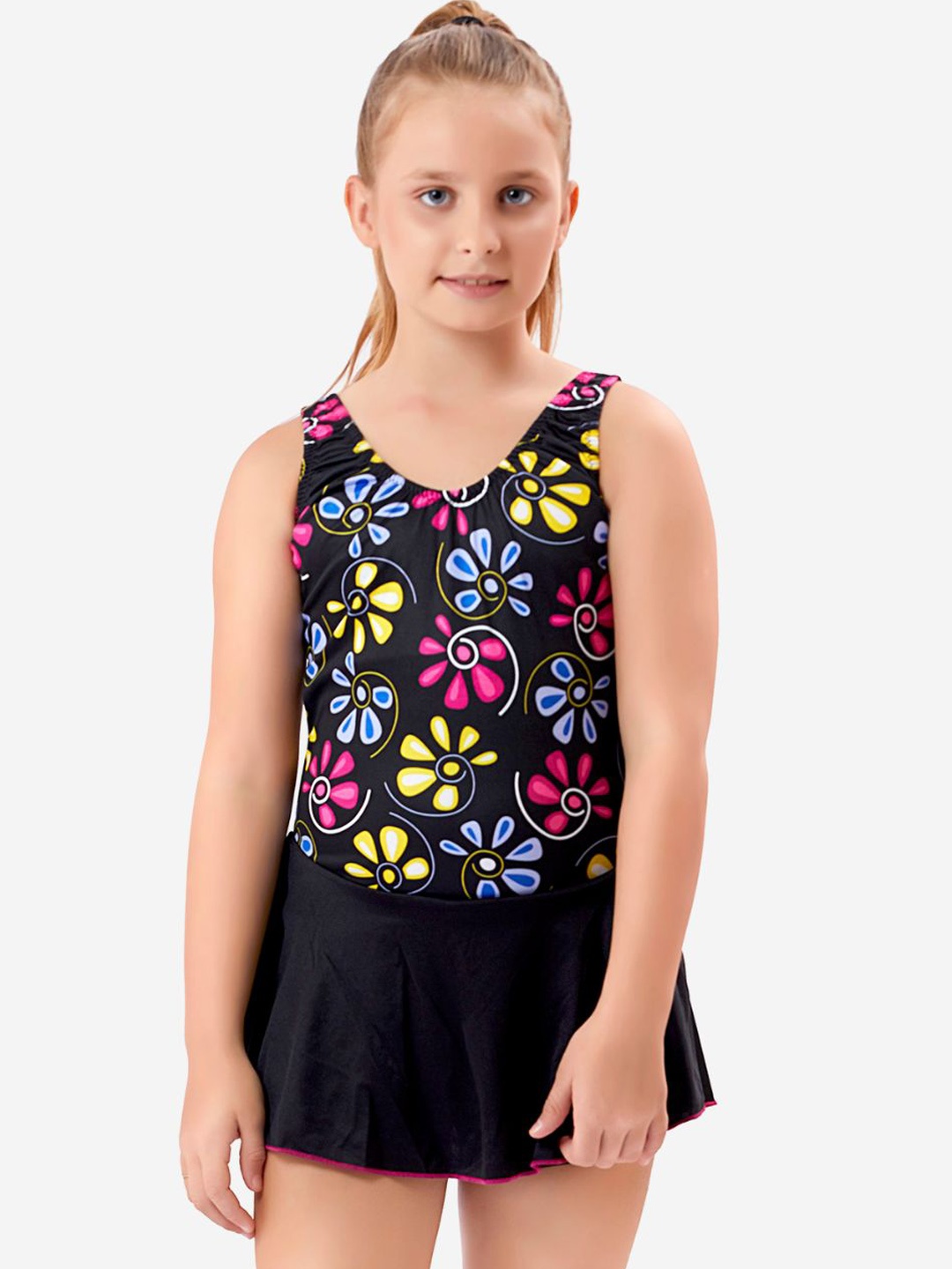 

VELOZ Girls Quick Drying Printed Swimming Dress, Black