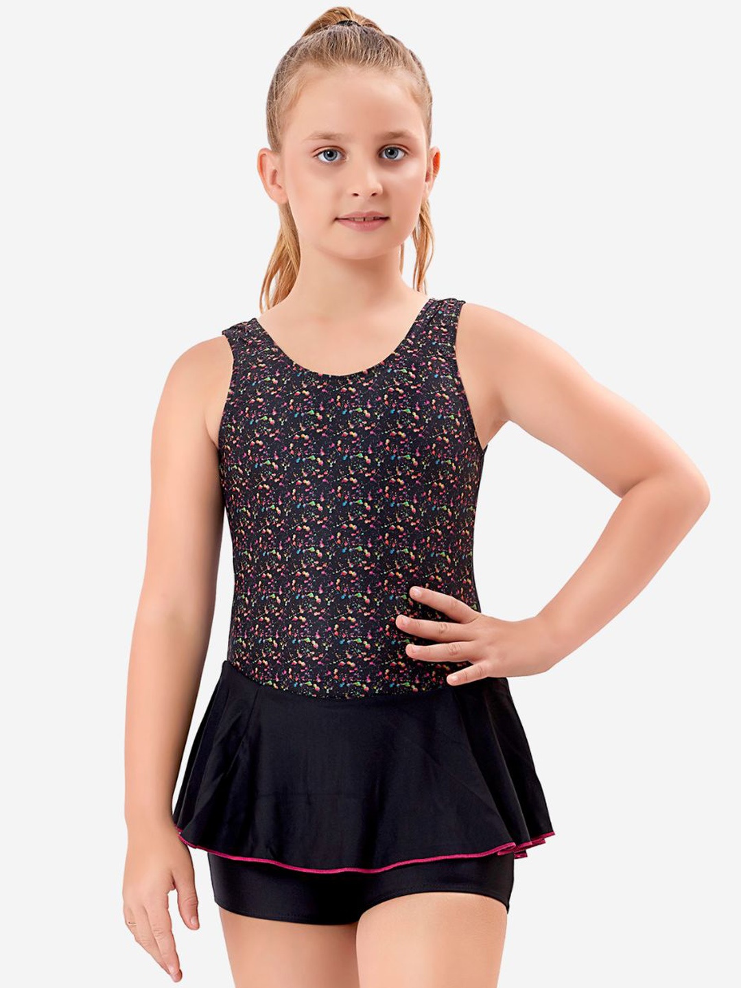 

VELOZ Girls Quick Drying Printed Stretchable Legsuit, Black