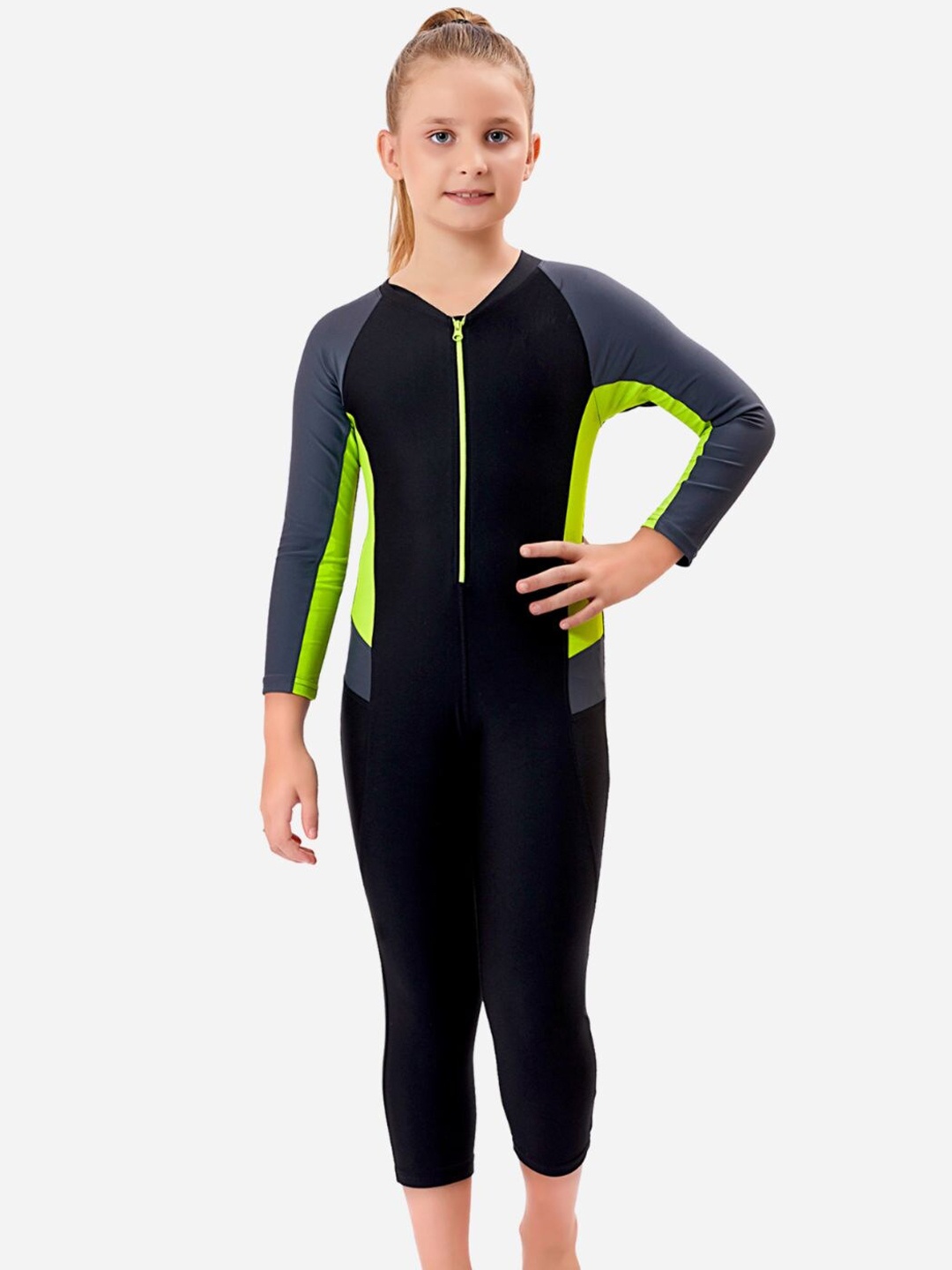 

VELOZ Girls Colorblocked Sun Protected & Quick Drying Legsuit, Green