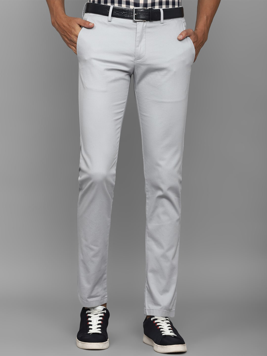 

Allen Solly Men Mid-Rise Textured Slim Fit Plain Pure Cotton Trousers, Grey