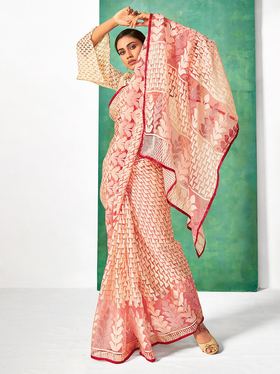 

Anouk Ethnic Motifs Brasso Saree, Peach