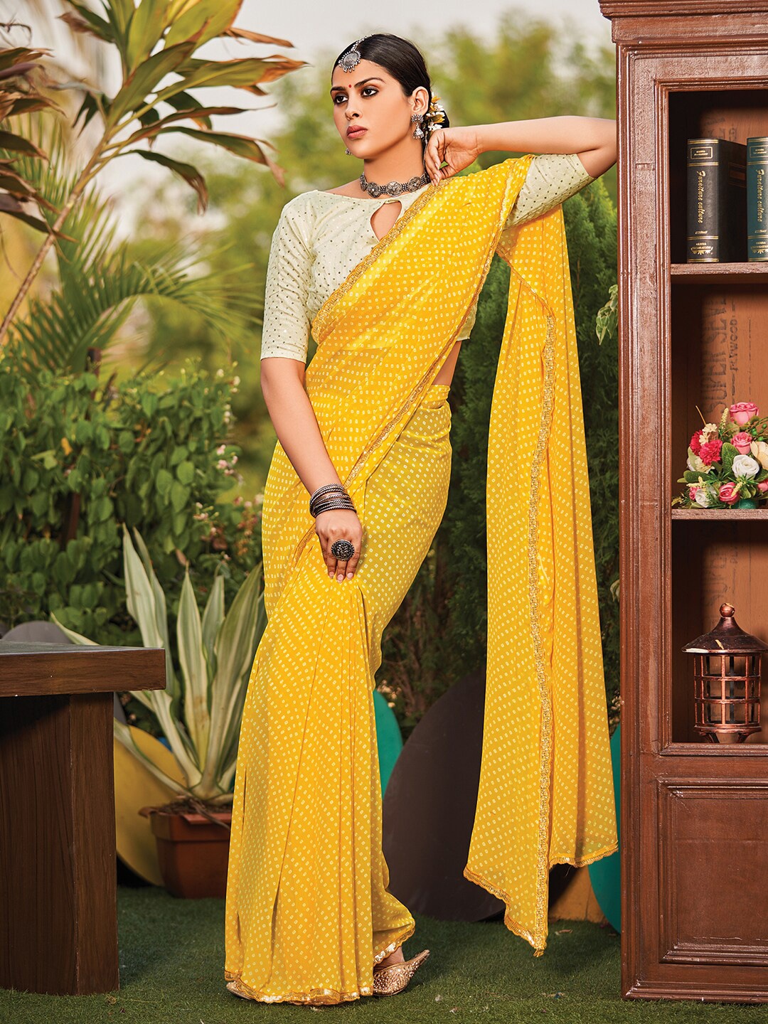 

Anouk Bandhani Printed Embellished Pure Georgette Saree, Yellow