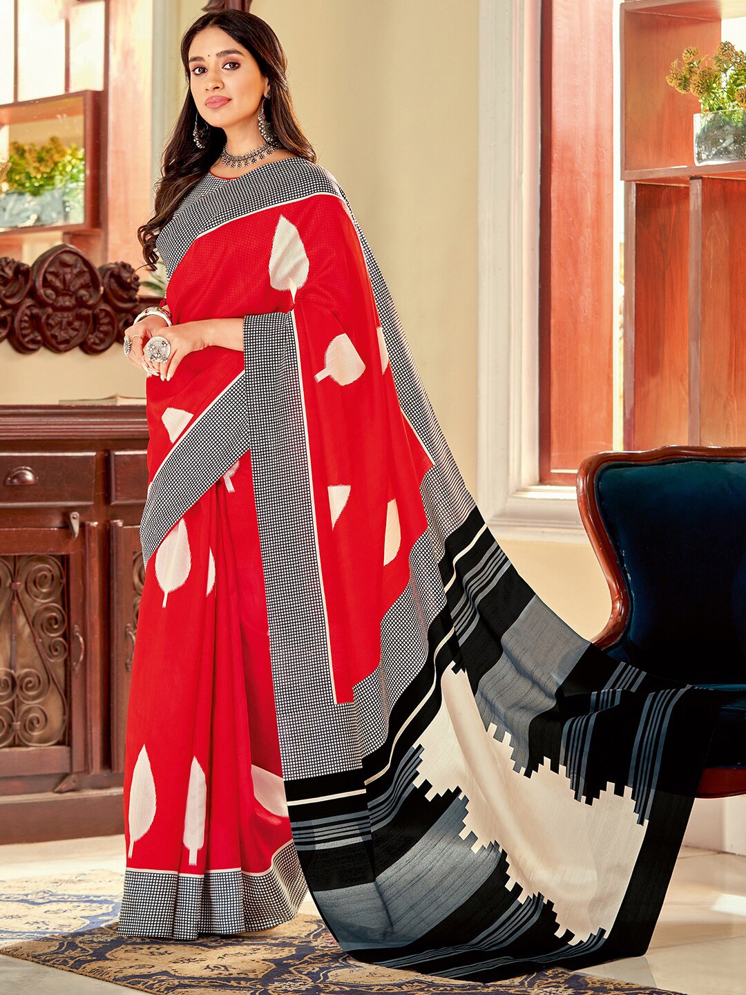 

Anouk Rustic Printed Bagh Art Silk Dabu Saree, Red