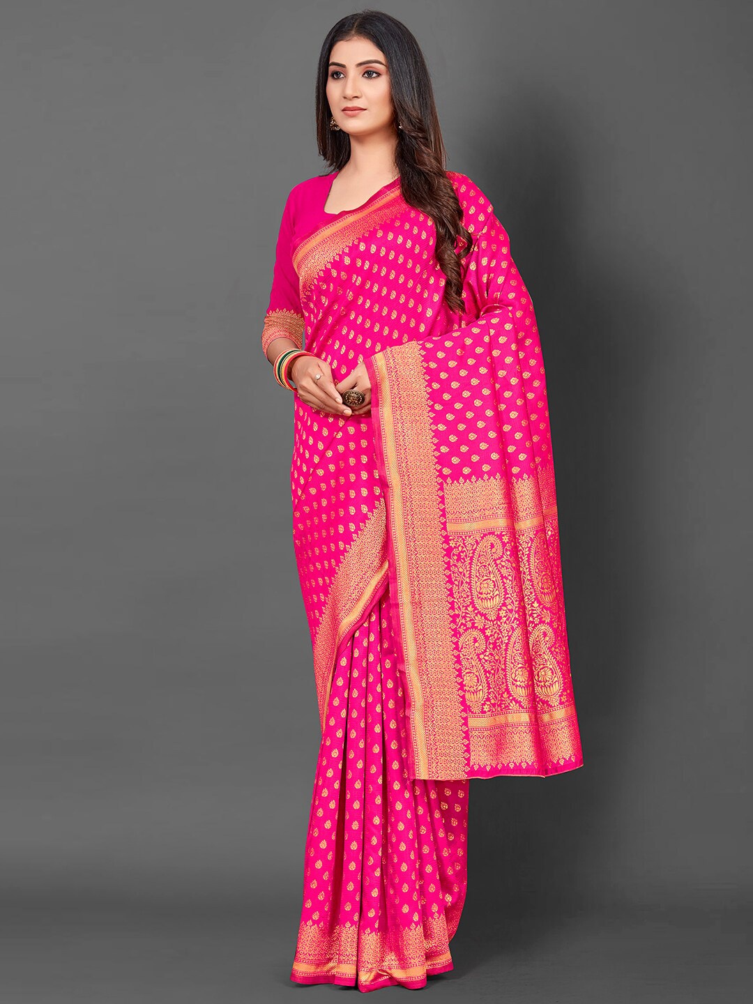 

Anouk Woven Design Zari Silk Blend Kanjeevaram Saree, Pink