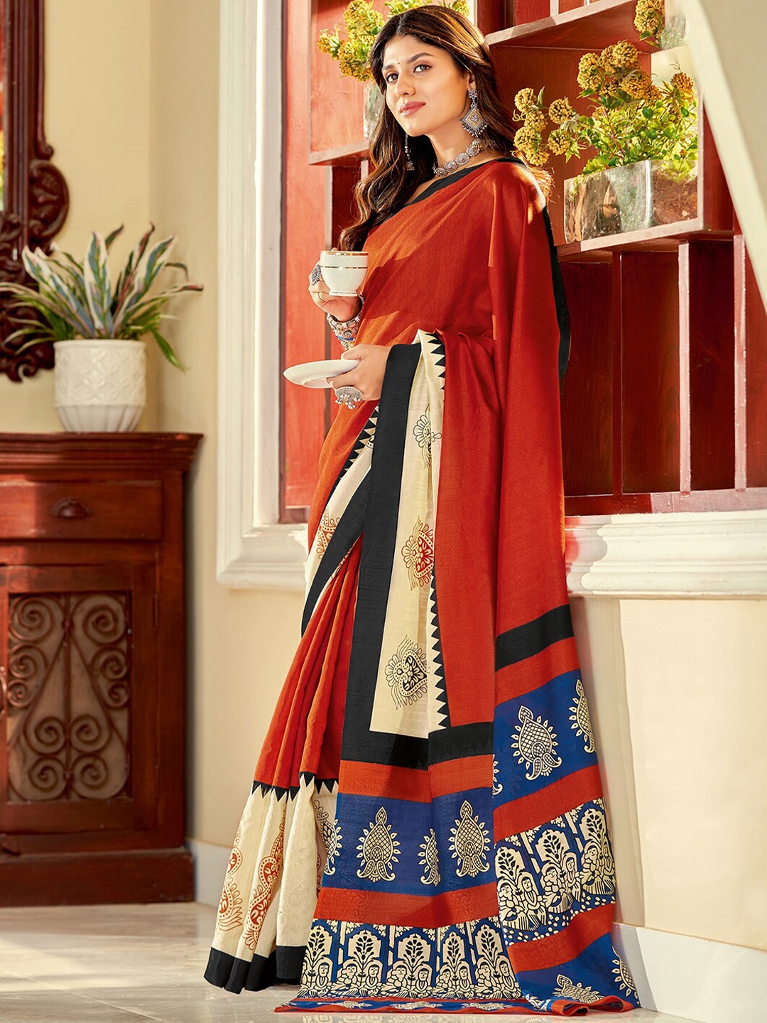 

Anouk Rustic Printed Border Art Silk Dabu Saree, Rust