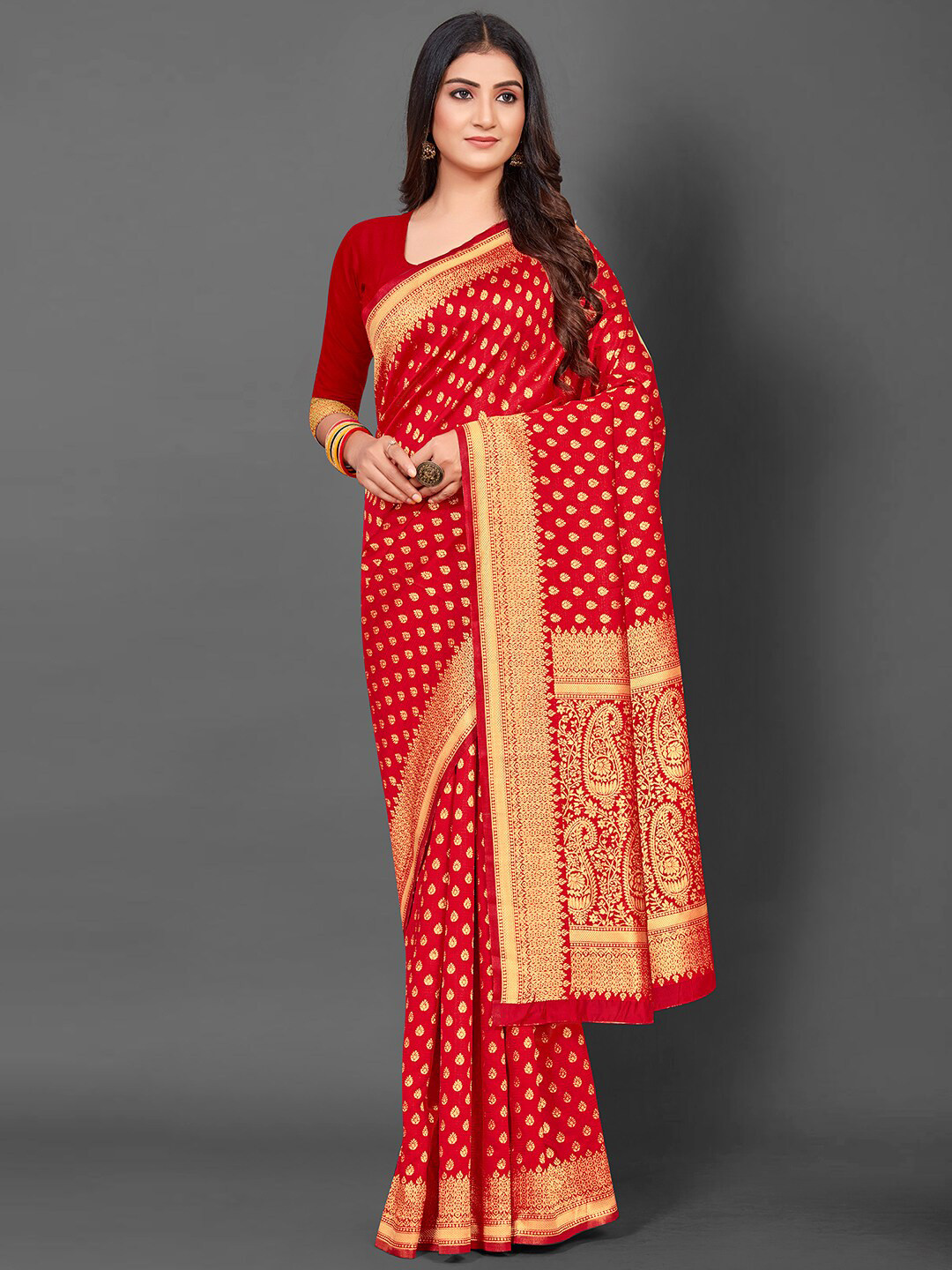 

Anouk Ethnic Motifs Woven Design Zari Kanjeevaram Saree, Red