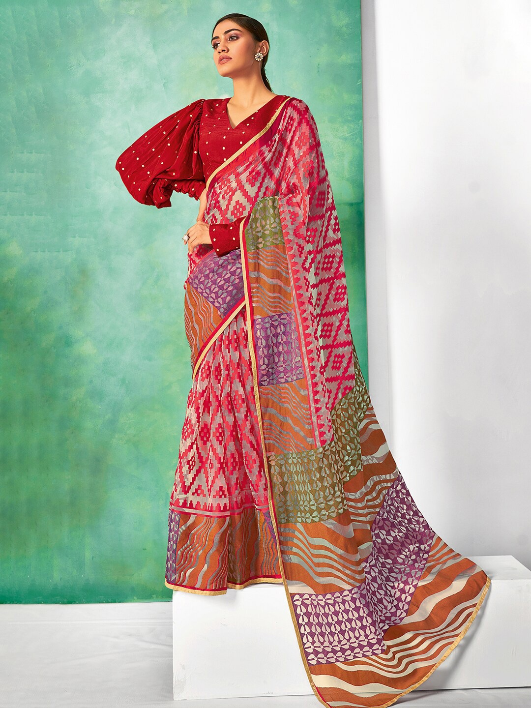 

Anouk Geometric Woven Design Brasso Saree With Matching Blouse, Red