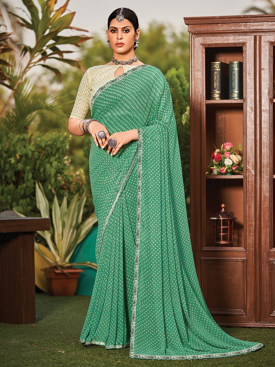 

Anouk Bandhani Gotta Patti Pure Georgette Bandhani Saree, Sea green