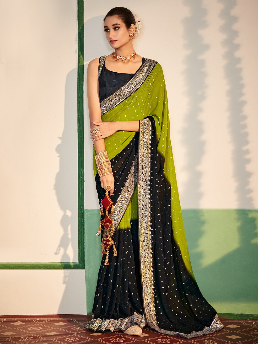 Anouk Ethnic Motif Pure Georgette Saree, Green