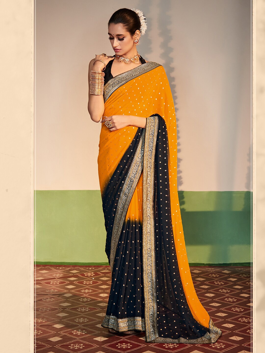 

Anouk Woven Design Zari Pure Georgette Saree, Yellow