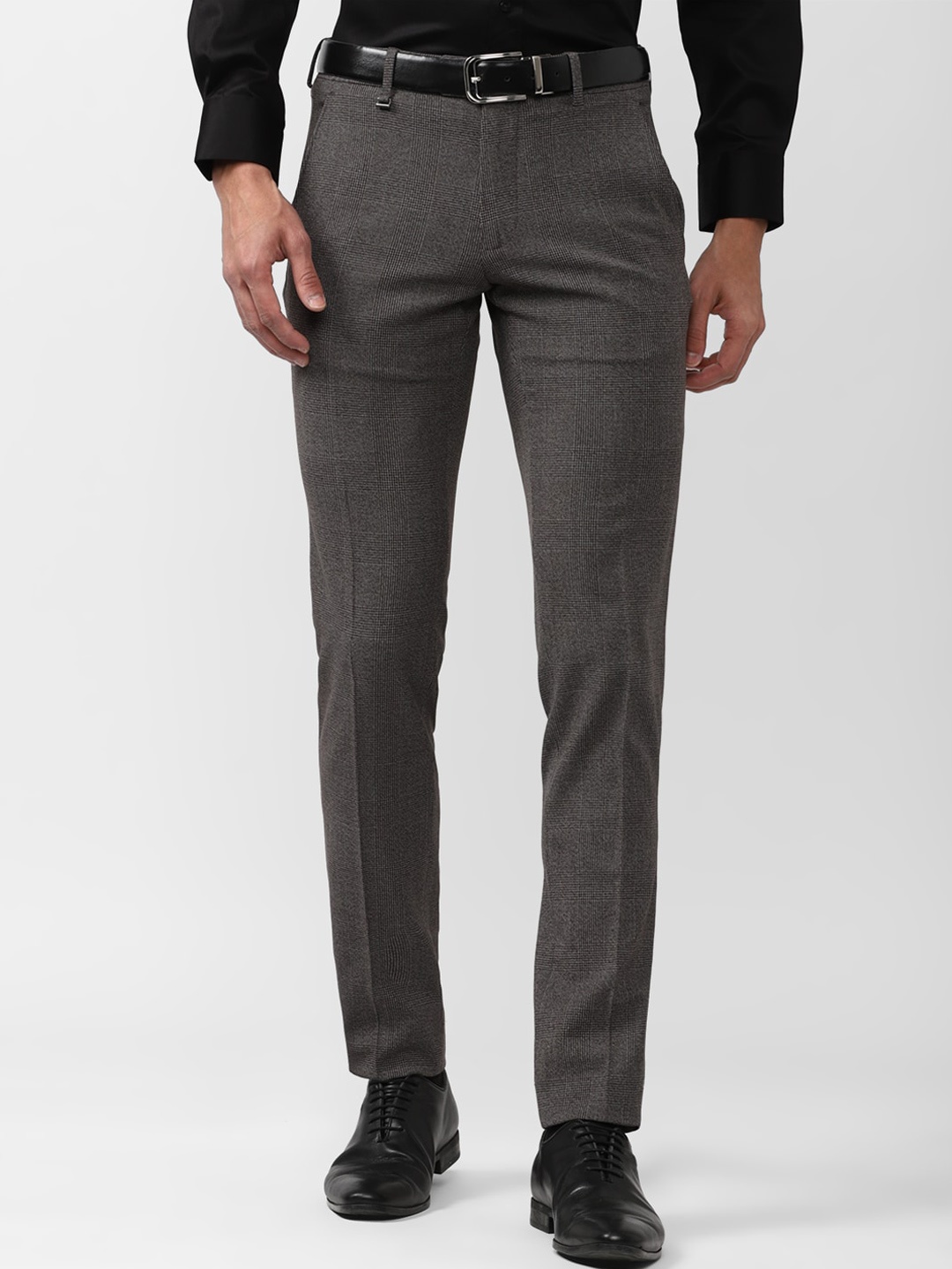 

Van Heusen Men Checked Self Design Mid-Rise Slim Fit Formal Trousers, Grey