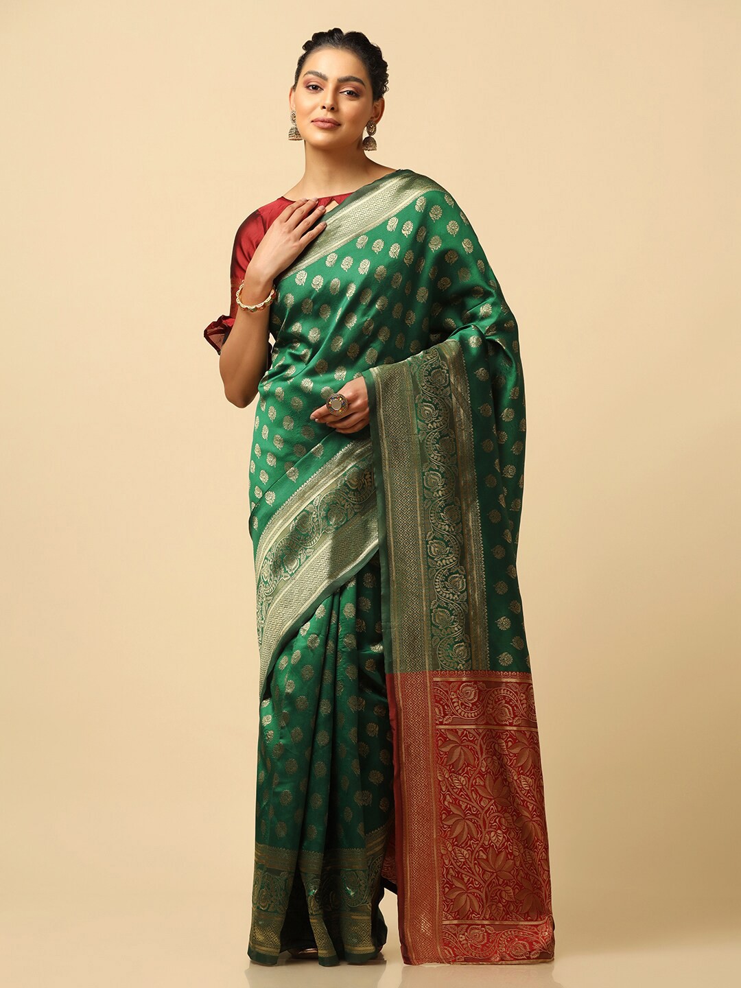 

Mitera Ethnic Motifs Woven Design Zari Banarasi Saree, Green