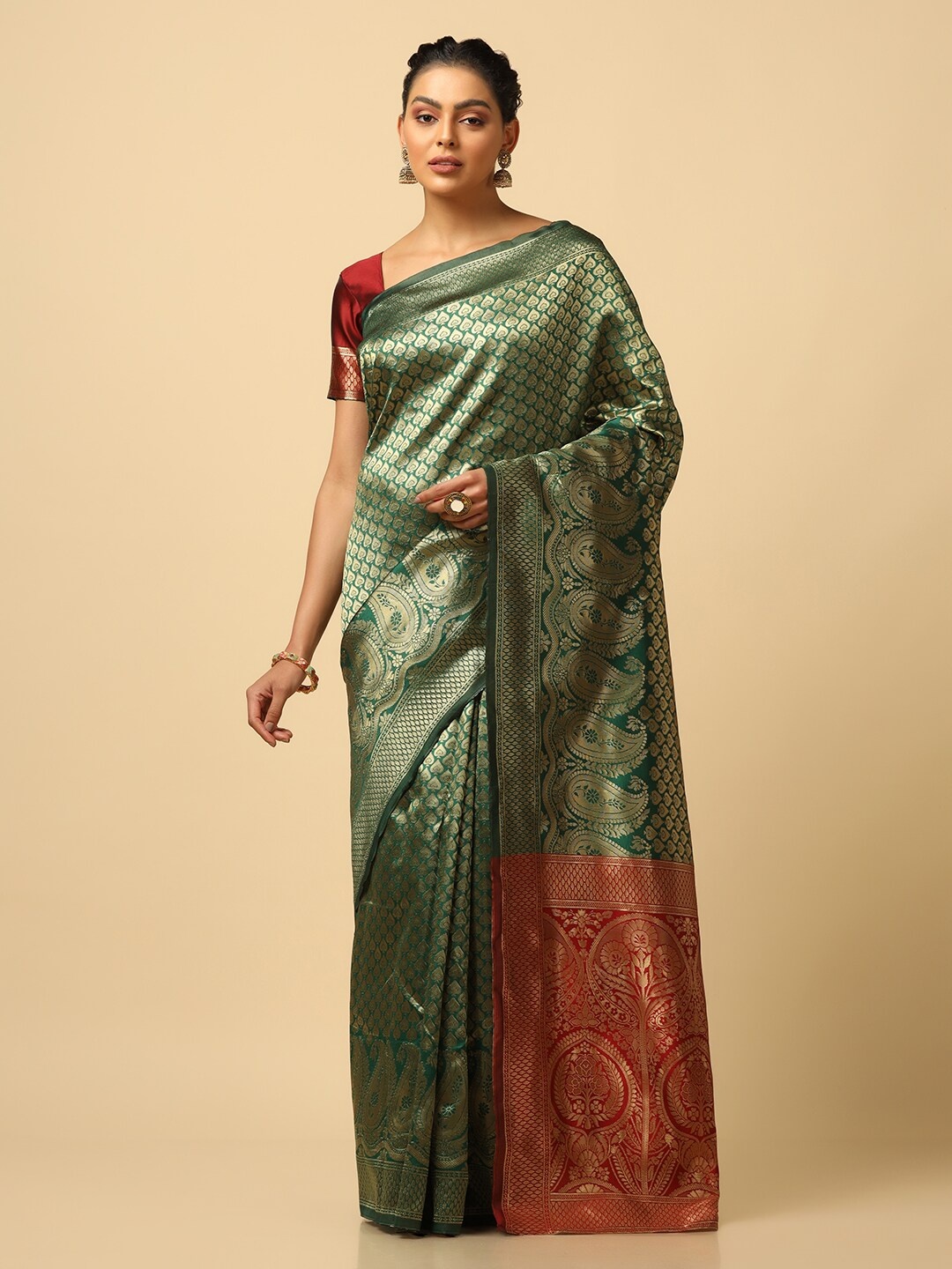 

Mitera Ethnic Motifs Woven Design Zari Banarasi Saree, Green