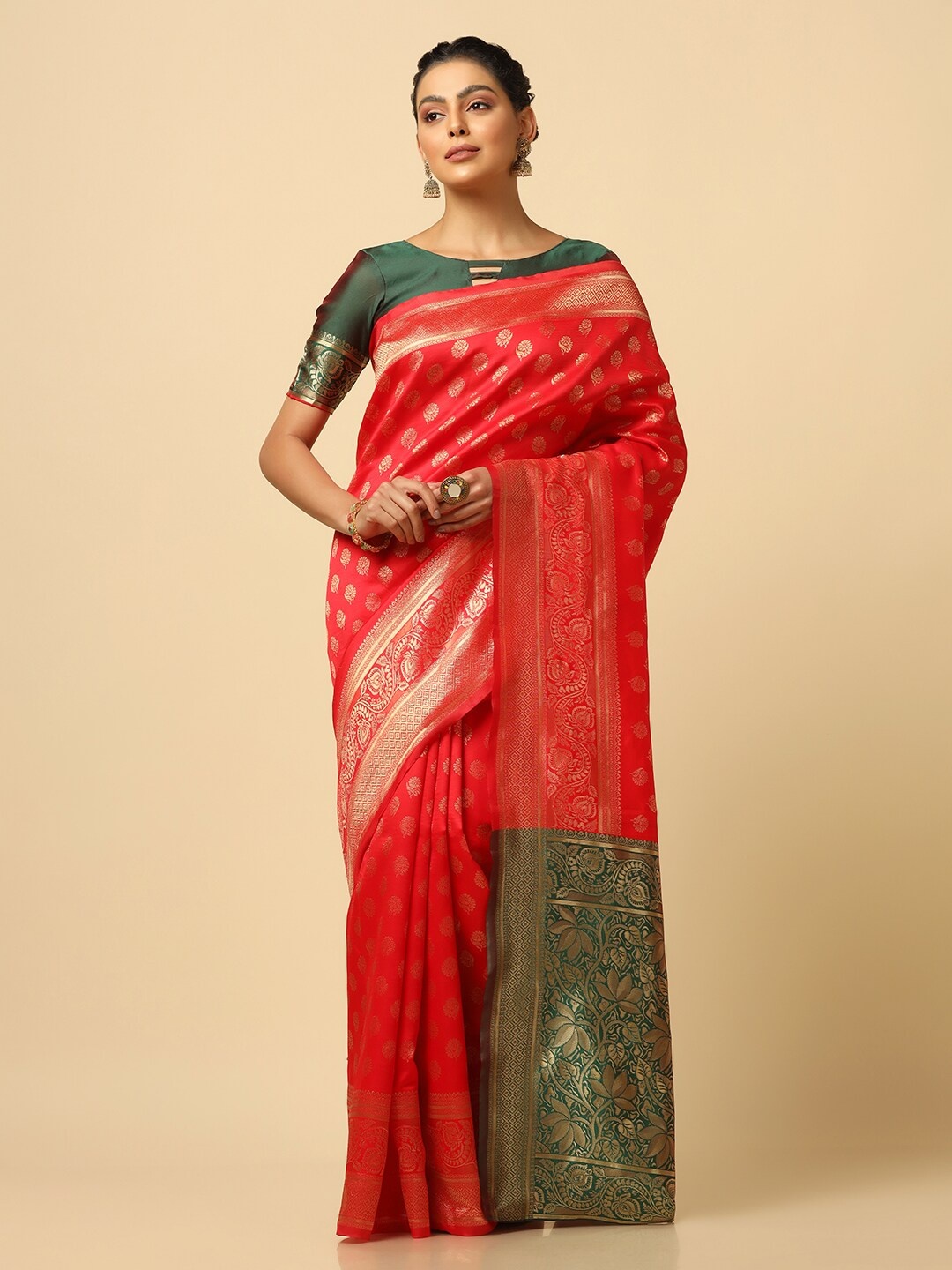 

Mitera Ethnic Motifs Woven Design Zari Banarasi Saree, Red