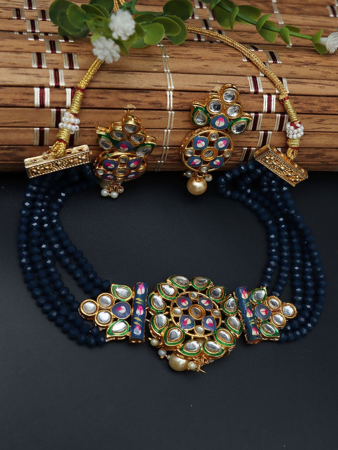 

Ozanoo Gold-Plated Stone Studded & Beaded Meenakari Necklace Set, Blue