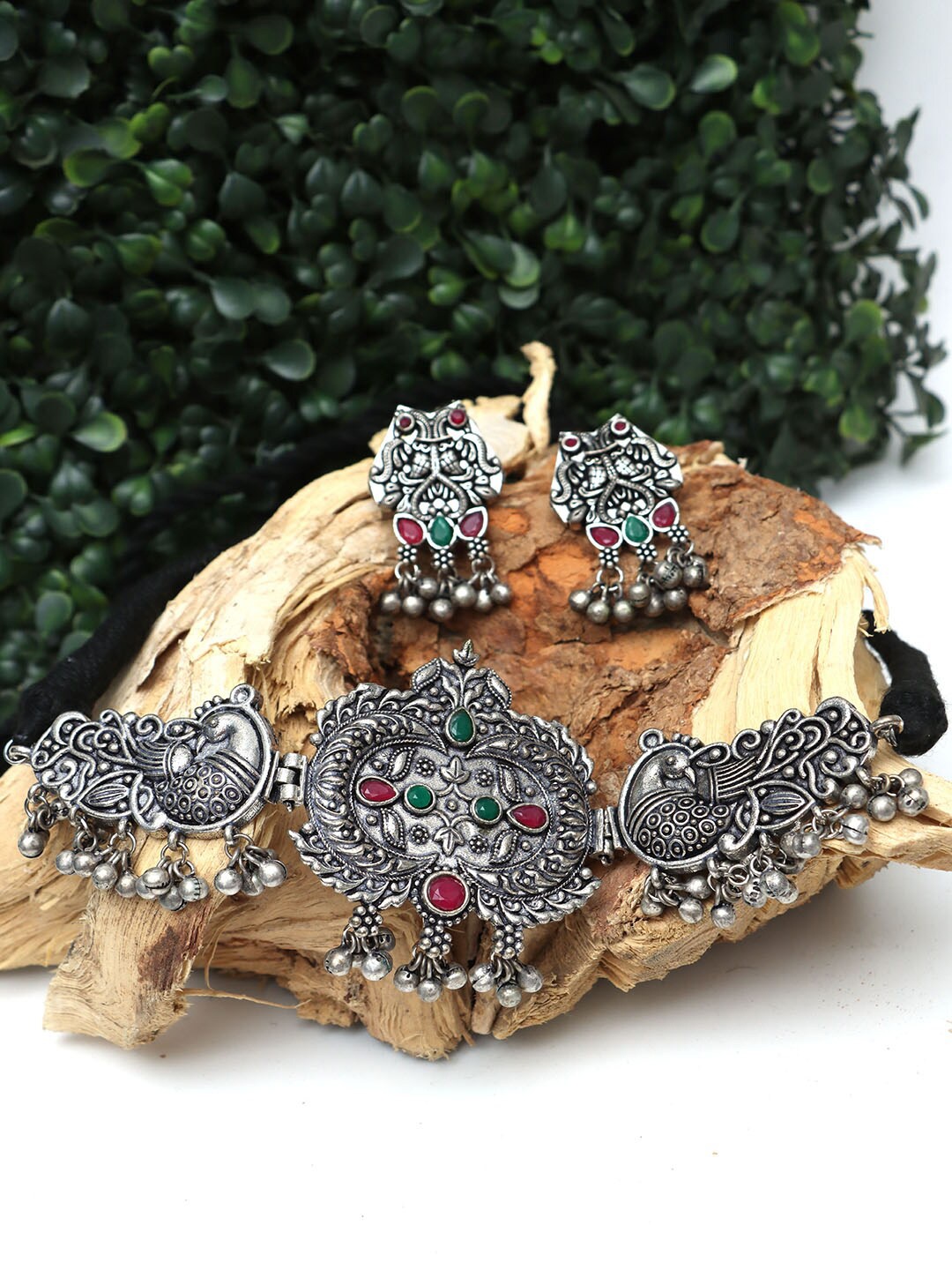 

Ozanoo Silver-Plated Stone Studded & Beaded Oxidised Jewellery Set, Red