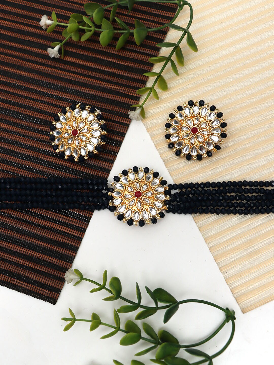 

Ozanoo Gold-Plated Stone Studded & Beaded Meenakari Choker Necklace and Earrings, Black