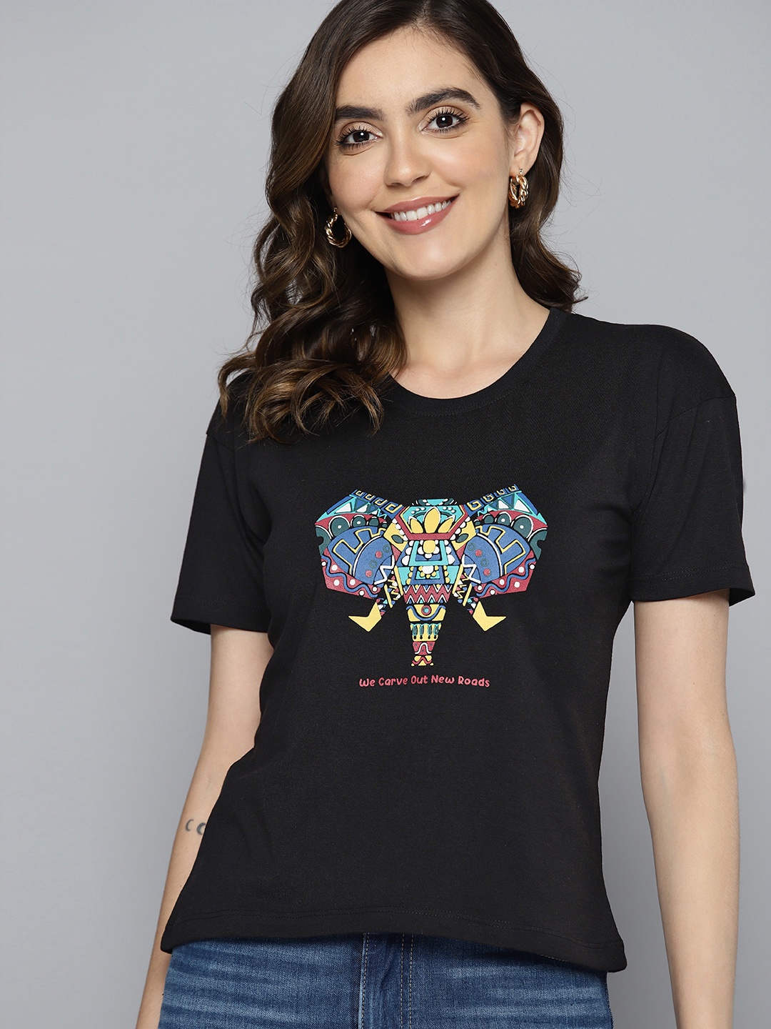 

Mast & Harbour Women Graphic Printed T-shirt, Black