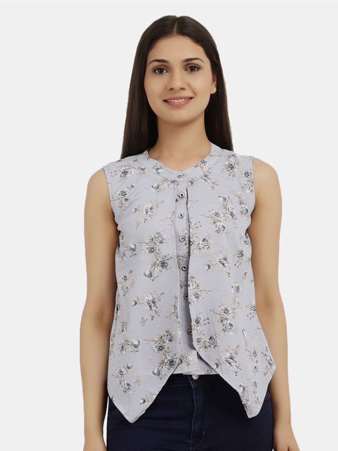 

V-Mart Floral Printed Cotton Sleeveless Top, Grey