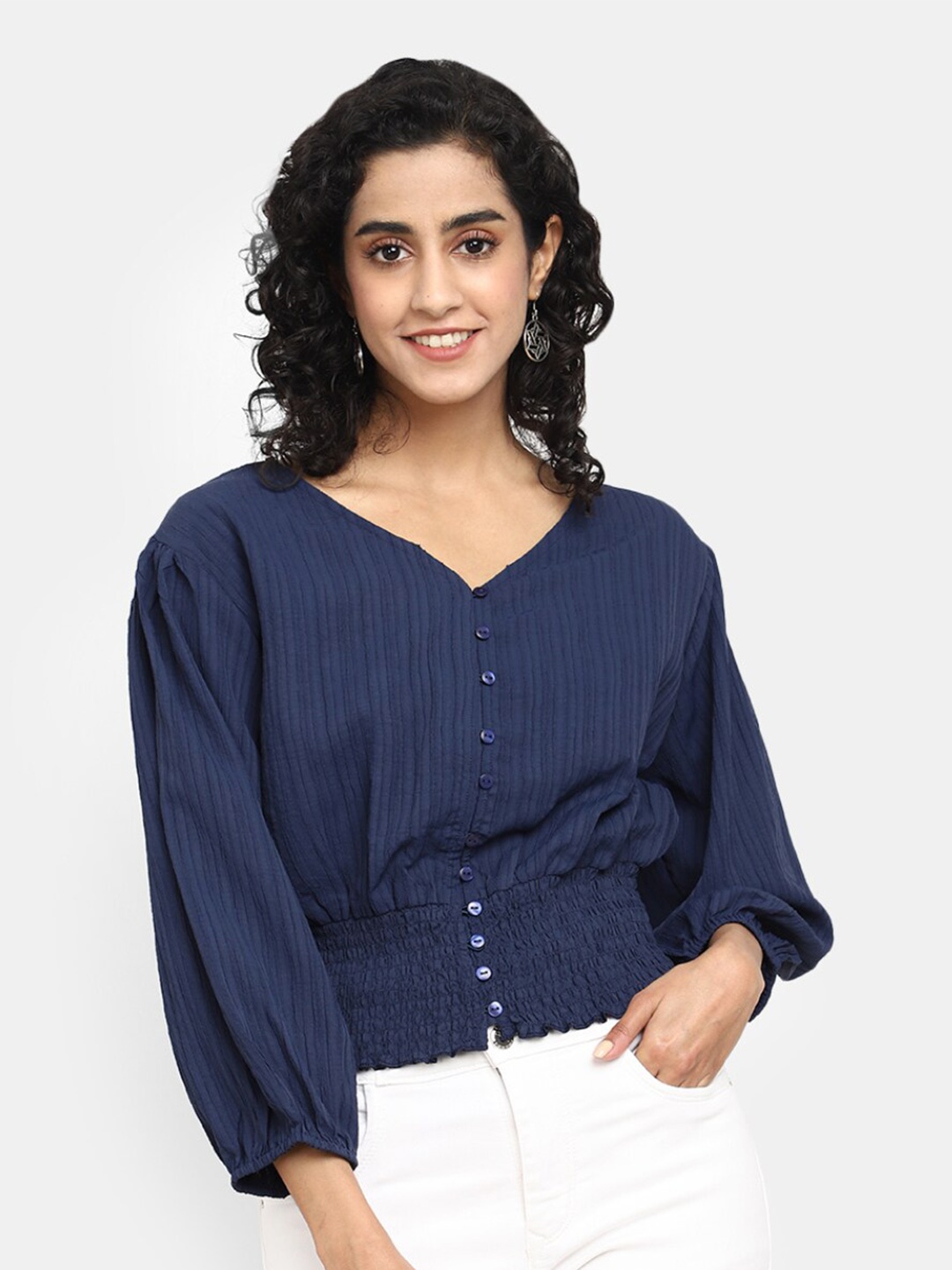 

V-Mart Self Design Striped Smocked Puff Sleeve V-Neck Cotton Top, Navy blue