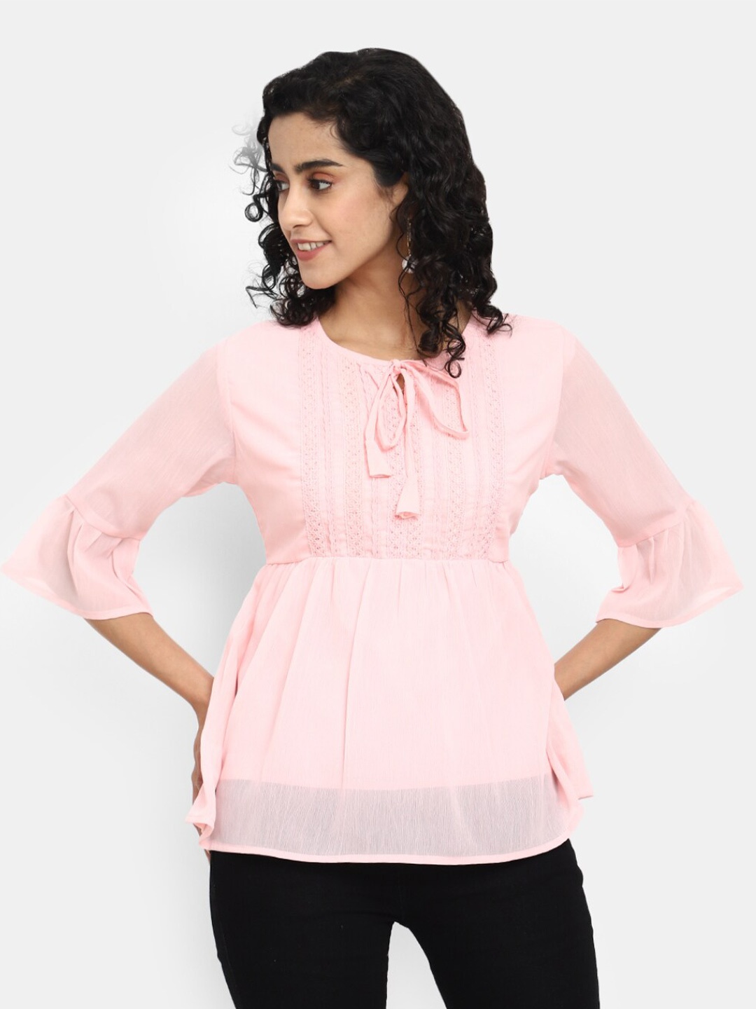 

V-Mart Tie-Up Neck Bell Sleeve Cotton Peplum Top, Pink