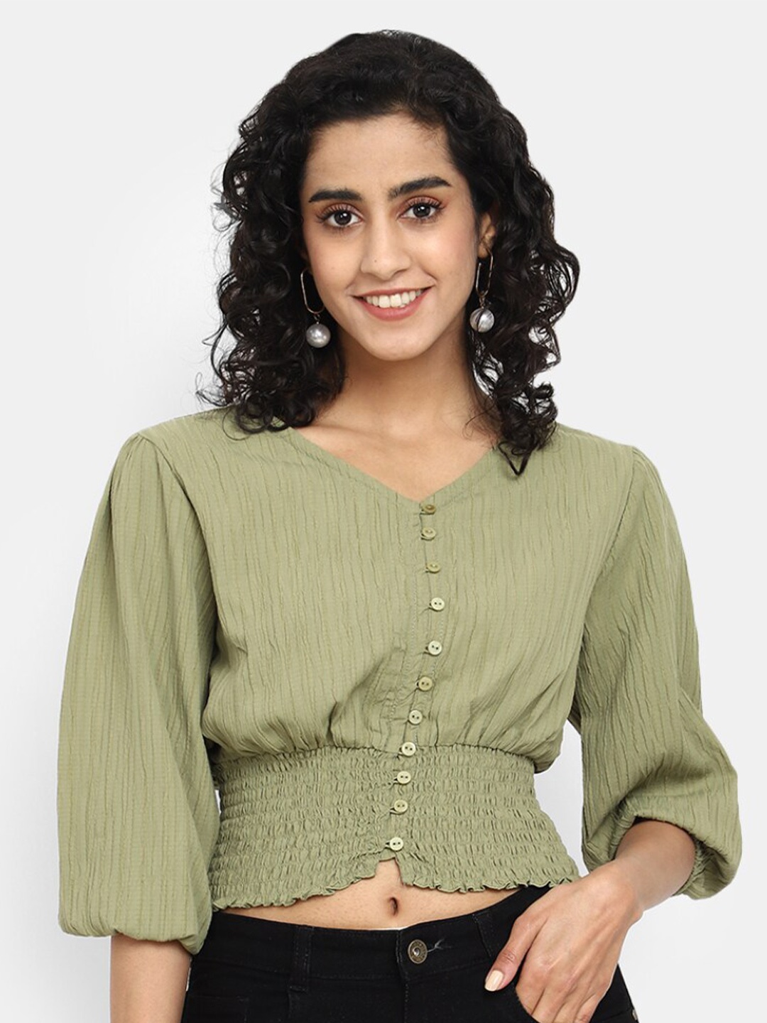

V-Mart Striped V-Neck Puff Sleeves Cotton Crop Top, Sea green