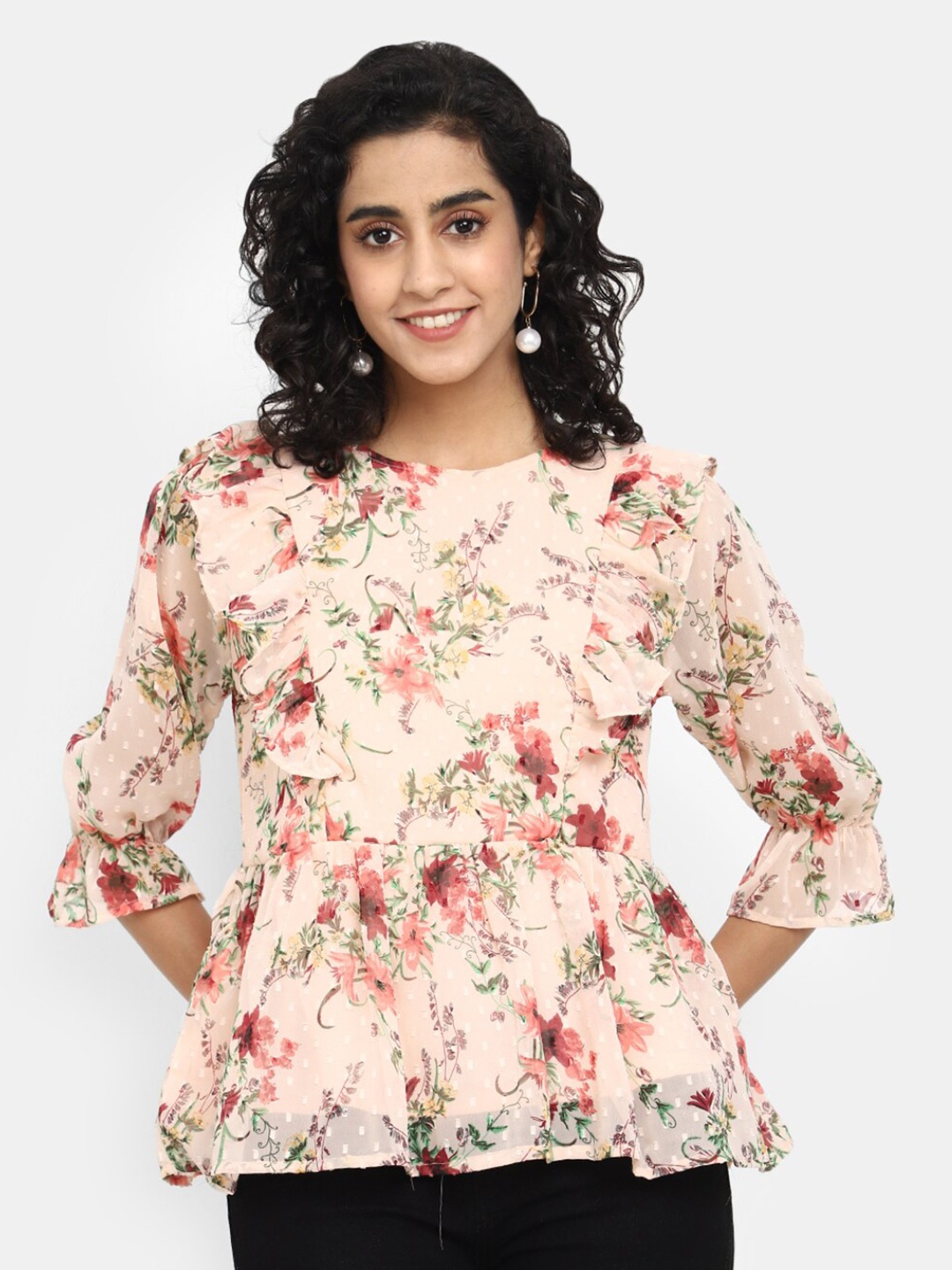 

V-Mart Floral Print Cotton Chinched Waist Cotton Top, Beige