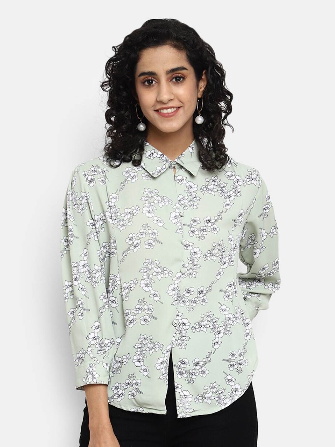 

V-Mart Floral Printed Cuffed Sleeves Shirt Style Top, Green